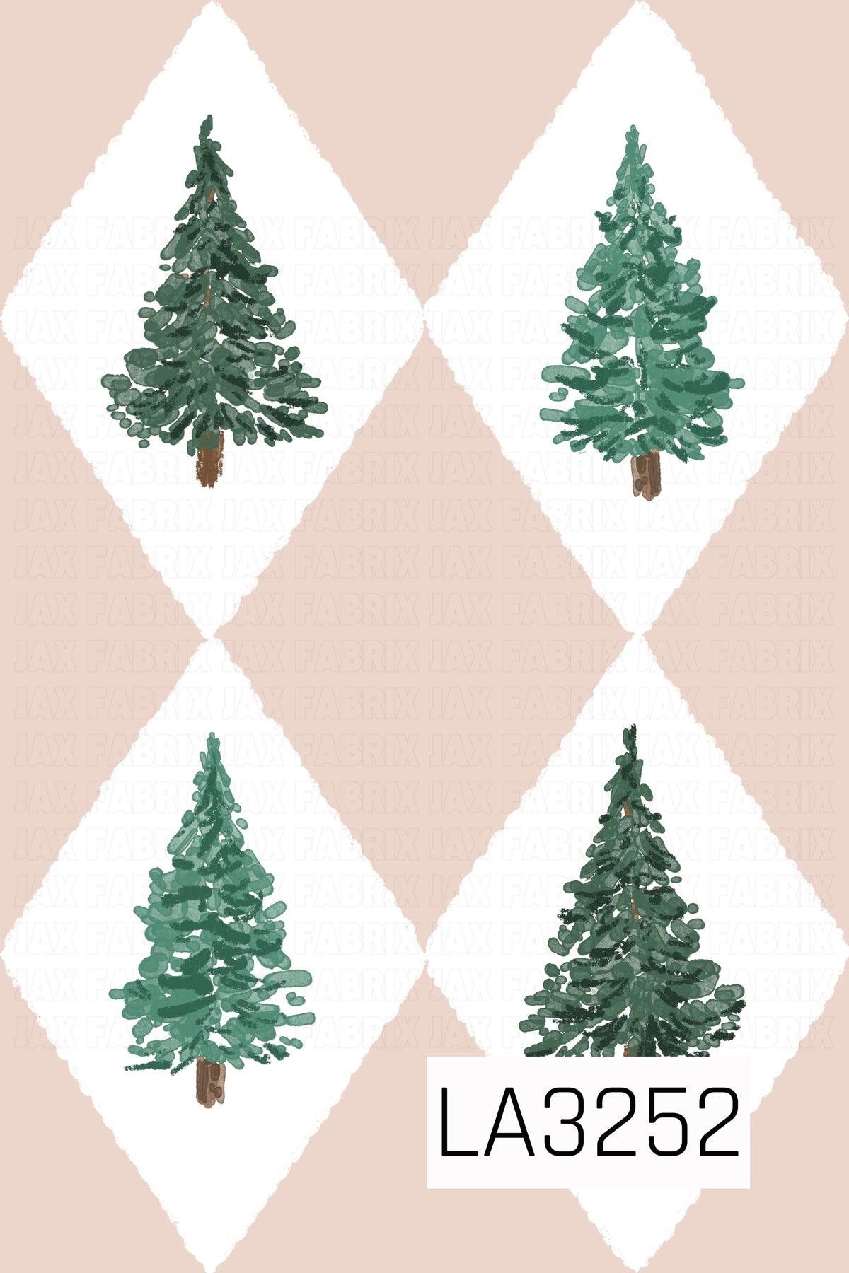A hand-painted Christmas tree pattern featuring four evergreen trees in varying shades of deep and muted green. Each tree sits inside a soft white diamond shape against a warm blush-beige background, creating a cozy, rustic argyle-inspired design.
