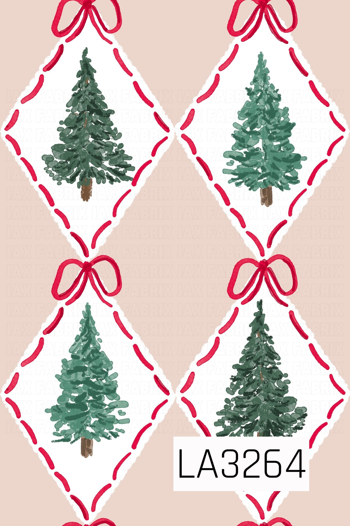 A hand-painted Christmas tree pattern featuring evergreen trees in varying shades of green centered inside soft white diamonds. Bright red stitched accents and coordinating red bows frame each diamond, set against a warm light tan background.