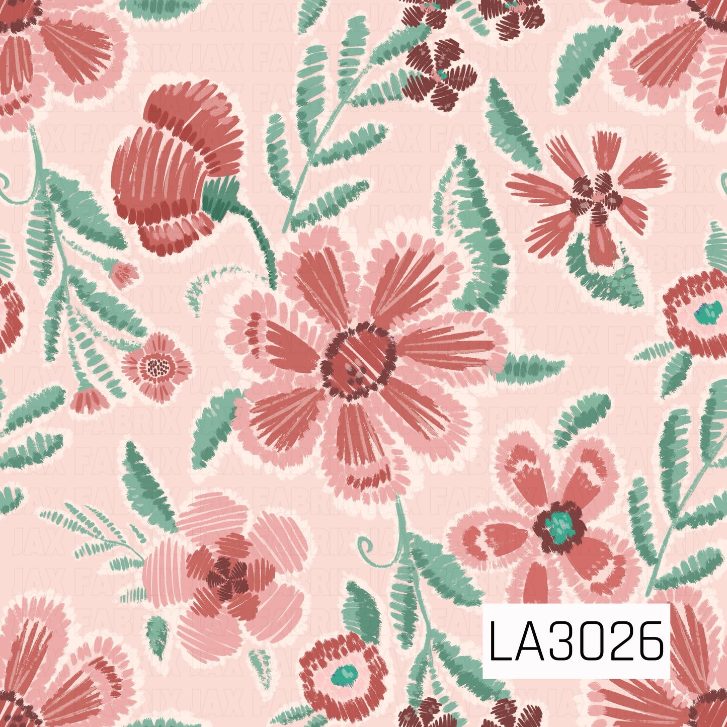 A whimsical embroidered-style floral print featuring oversized blooms in dusty coral, blush pink, and deep rose, accented with soft teal-green leaves and stems. Set against a pale blush background, the textured, hand-stitched look gives it a cozy vintage feel.
