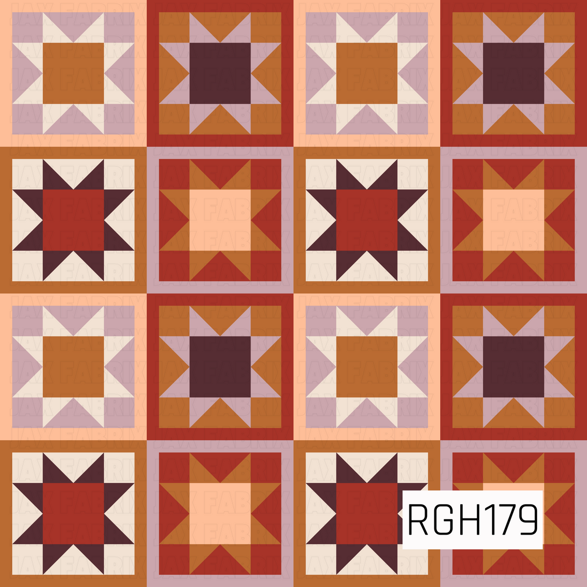 A classic patchwork quilt pattern featuring repeating geometric star blocks in warm shades of burnt orange, rust red, deep burgundy, dusty mauve, peach, and cream. Alternating color combinations and bold triangular details create a cozy, vintage-inspired design with a charming farmhouse feel.