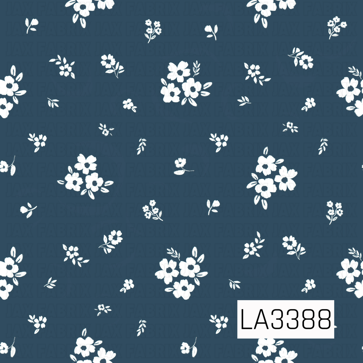 A charming vintage-inspired floral pattern featuring scattered white flower clusters, delicate blossoms, and tiny leafy sprigs against a rich, soft navy blue background. The flowers vary in size, with simple rounded petals and dark centers, creating a sweet, airy tossed floral design with a hand-painted feel.