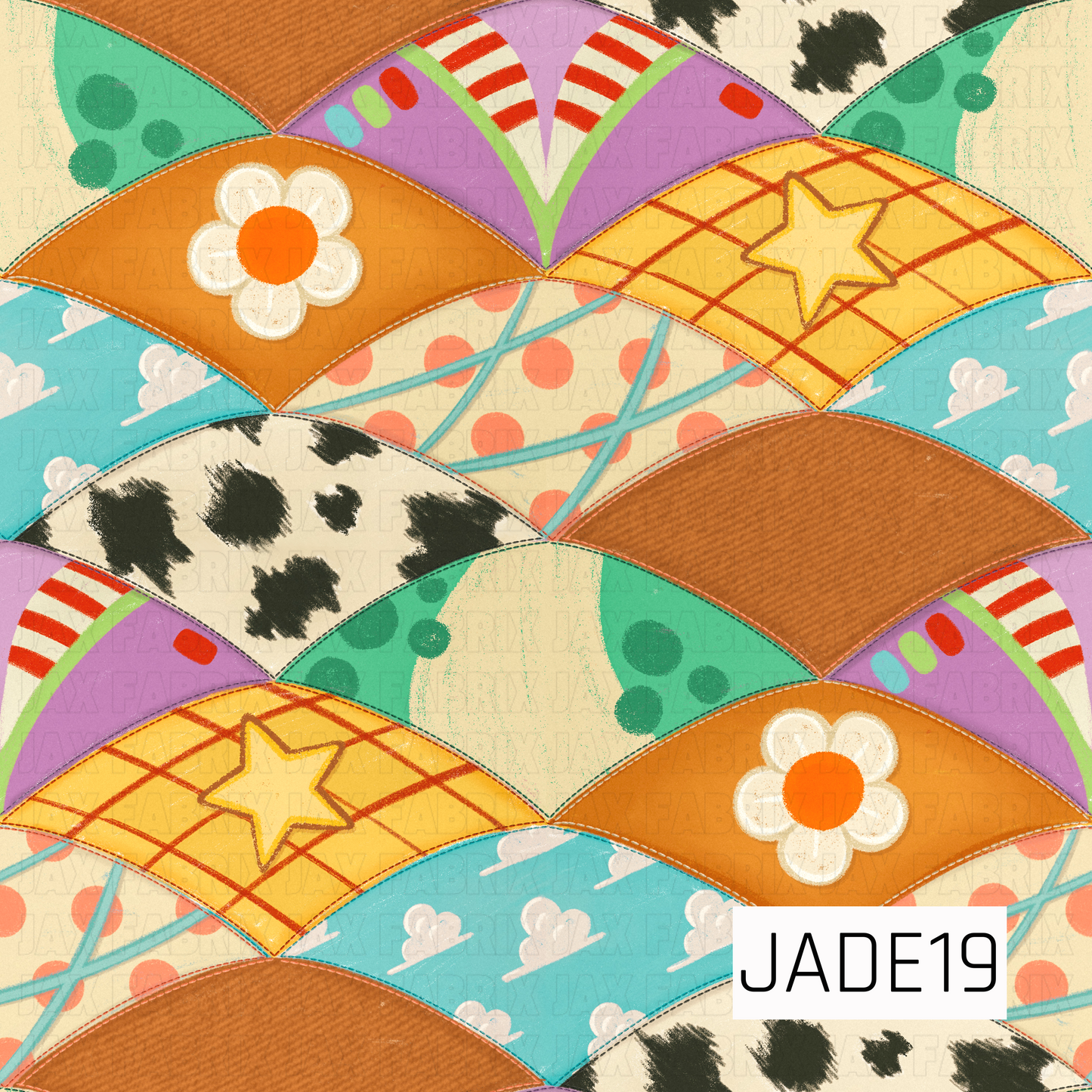 A playful patchwork design featuring iconic toy-inspired patterns, including cowboy plaid, space ranger stripes, cow print, clouds, daisies, stars, and western textures. Arranged in a curved quilt-block style, this coordinating print brings together all the collection's favorite elements in one charming design.