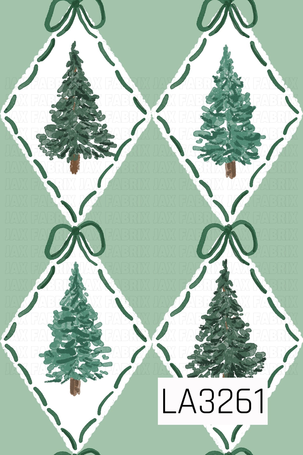 A hand-painted Christmas tree pattern featuring evergreen trees in varying shades of green inside soft white diamonds. Dark green stitched accents and matching green bows frame each diamond, all set against a soft sage green background.