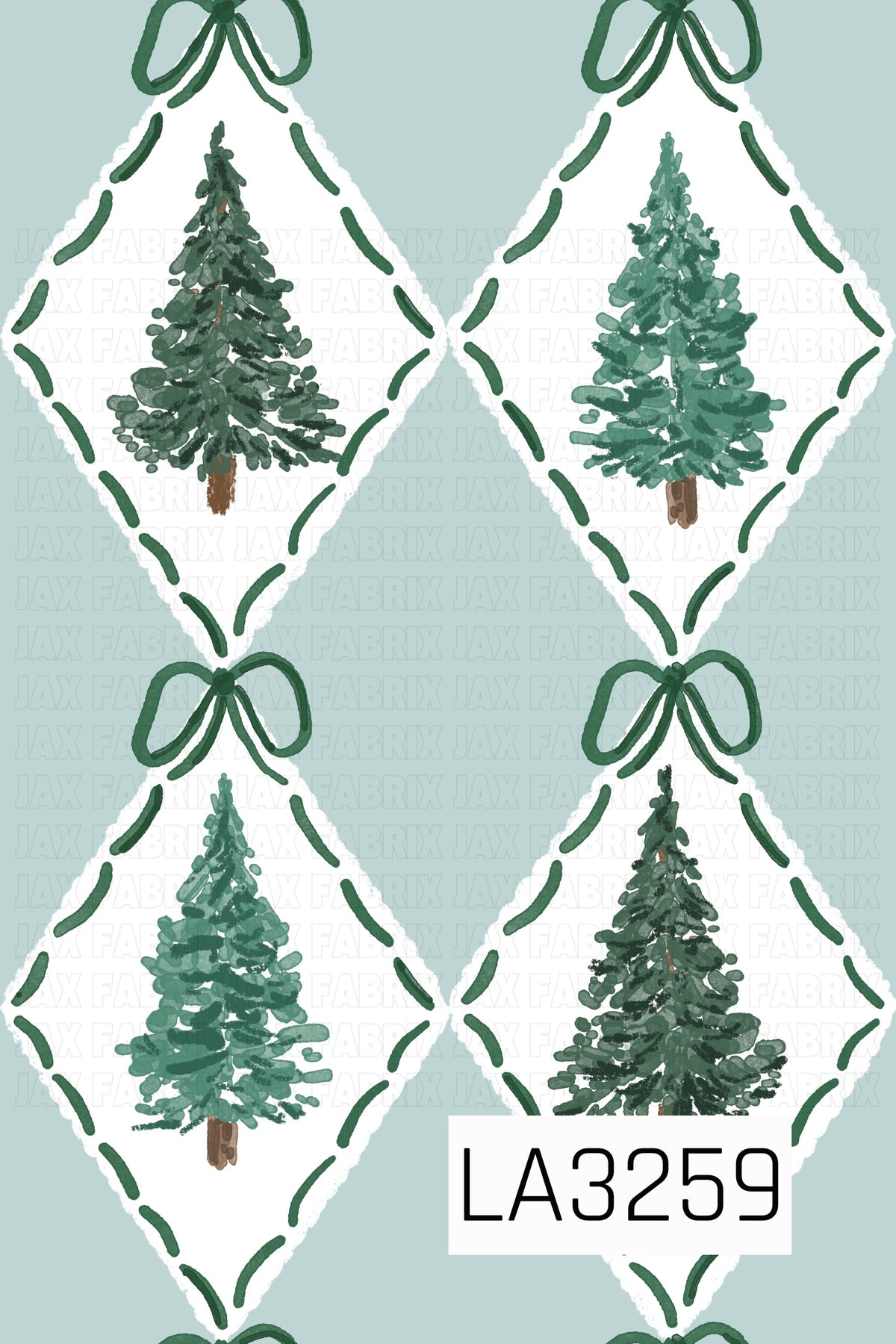 A hand-painted Christmas tree pattern featuring evergreen trees in varying shades of green inside soft white diamonds. Deep green stitched accents and matching green bows frame each diamond, all set against a soft icy blue background.