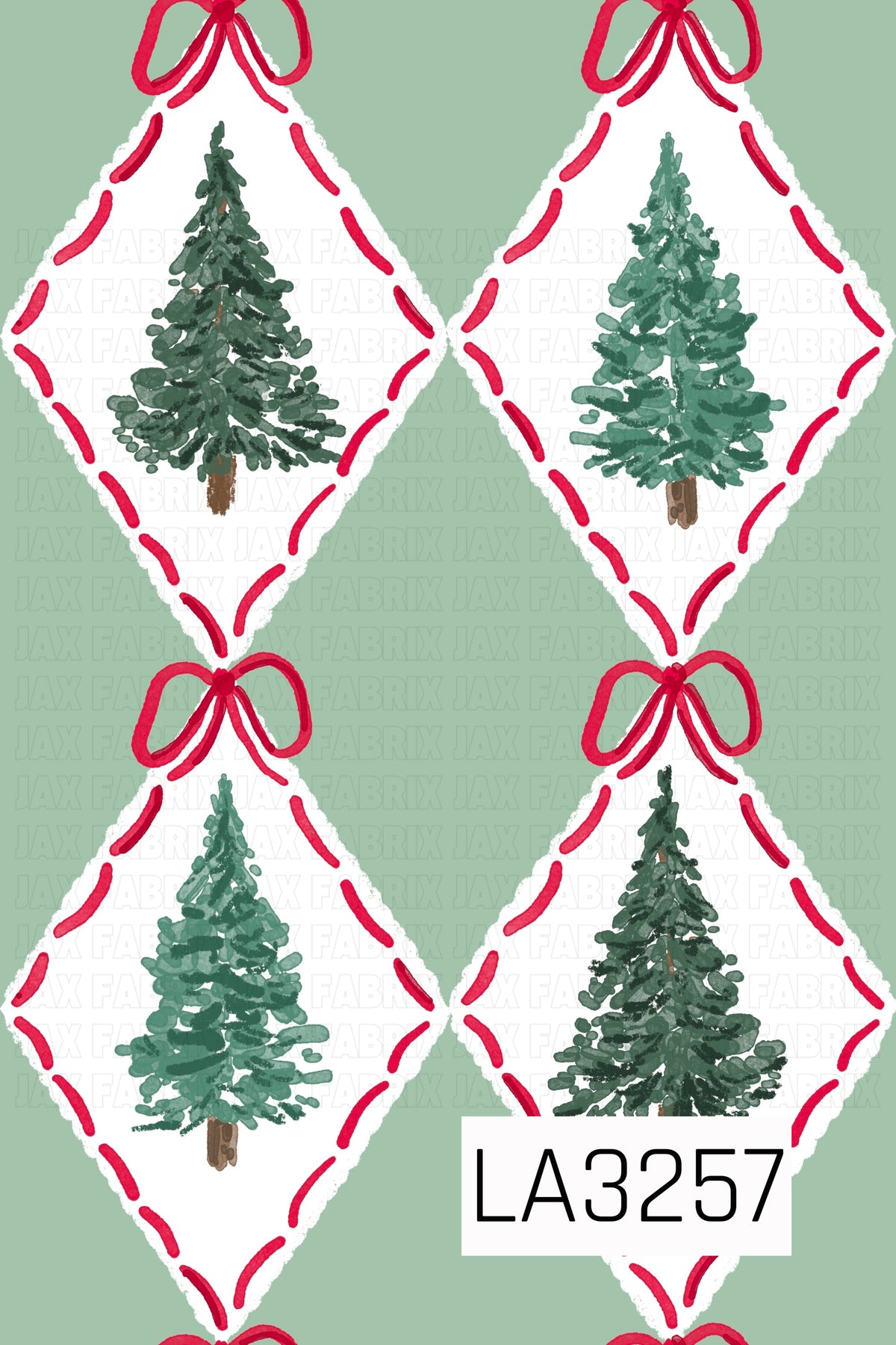 A hand-painted Christmas tree pattern featuring evergreen trees in varying shades of green inside soft white diamonds. Bright red stitched accents outline each diamond, while whimsical red bows connect the design against a muted sage green background.