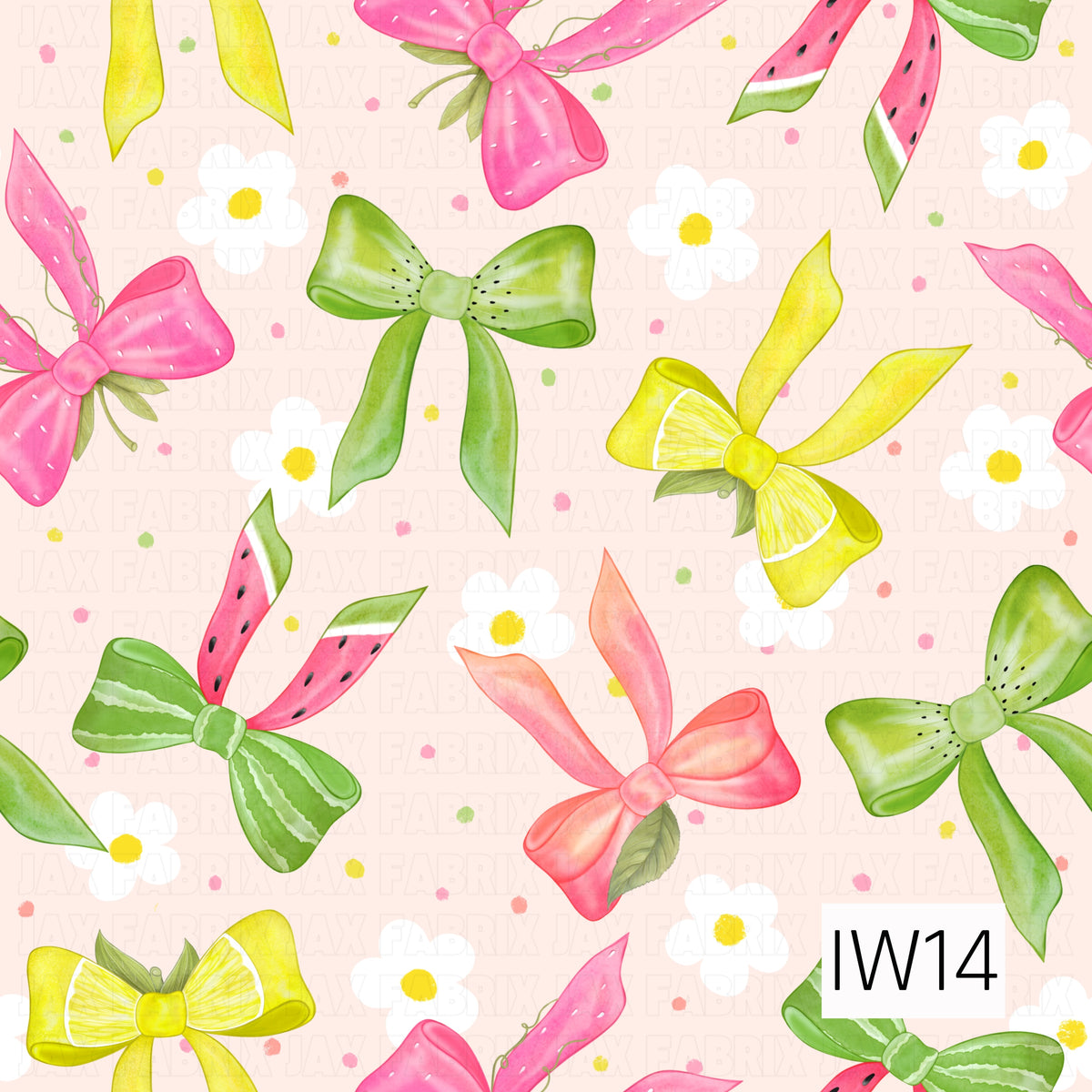 A bright and whimsical summer pattern featuring oversized watercolor-style bows inspired by juicy watermelon, zesty lemons, sweet strawberries, and fresh green kiwi. Vibrant shades of hot pink, lime green, sunny yellow, and soft coral are accented with delicate fruit details, tiny seeds, and leafy embellishments. Scattered white daisies with cheerful yellow centers and colorful confetti dots fill the soft blush pink background, creating a sweet, playful, and fruity design.