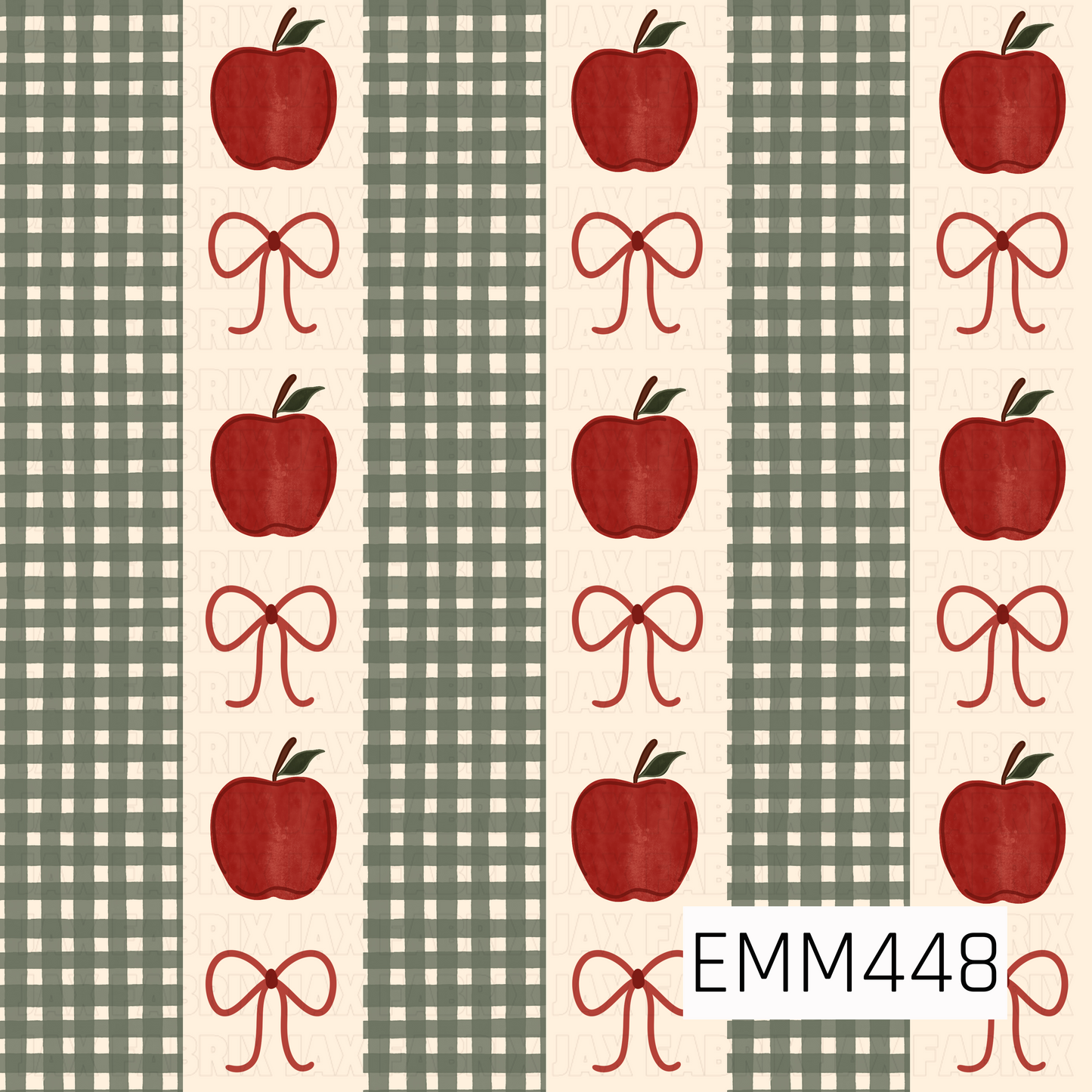 A charming fall design featuring rich red apples and delicate bows arranged between wide sage green plaid stripes on a warm cream background. The classic colors and cozy pattern make it perfect for seasonal autumn creations.