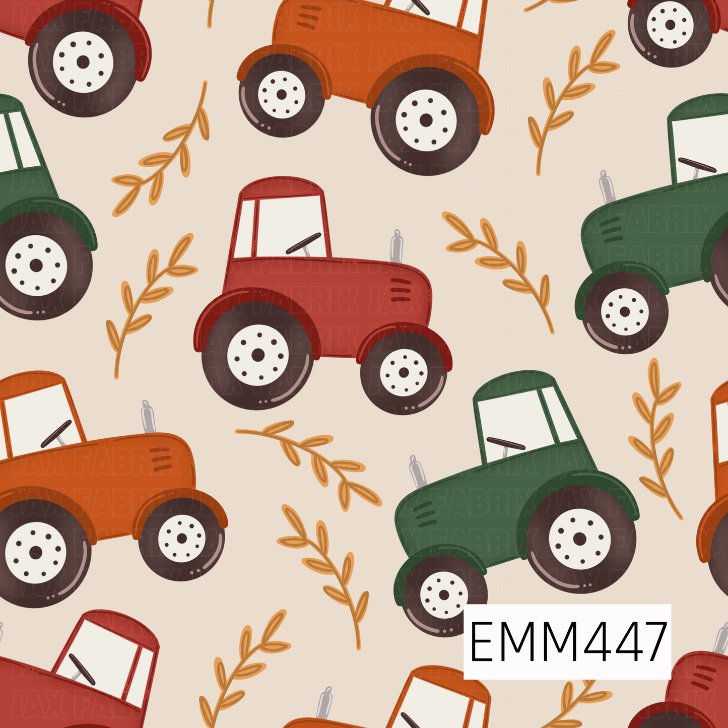 A charming fall farm design featuring red, orange, and green tractors scattered with golden leafy sprigs on a soft cream background.