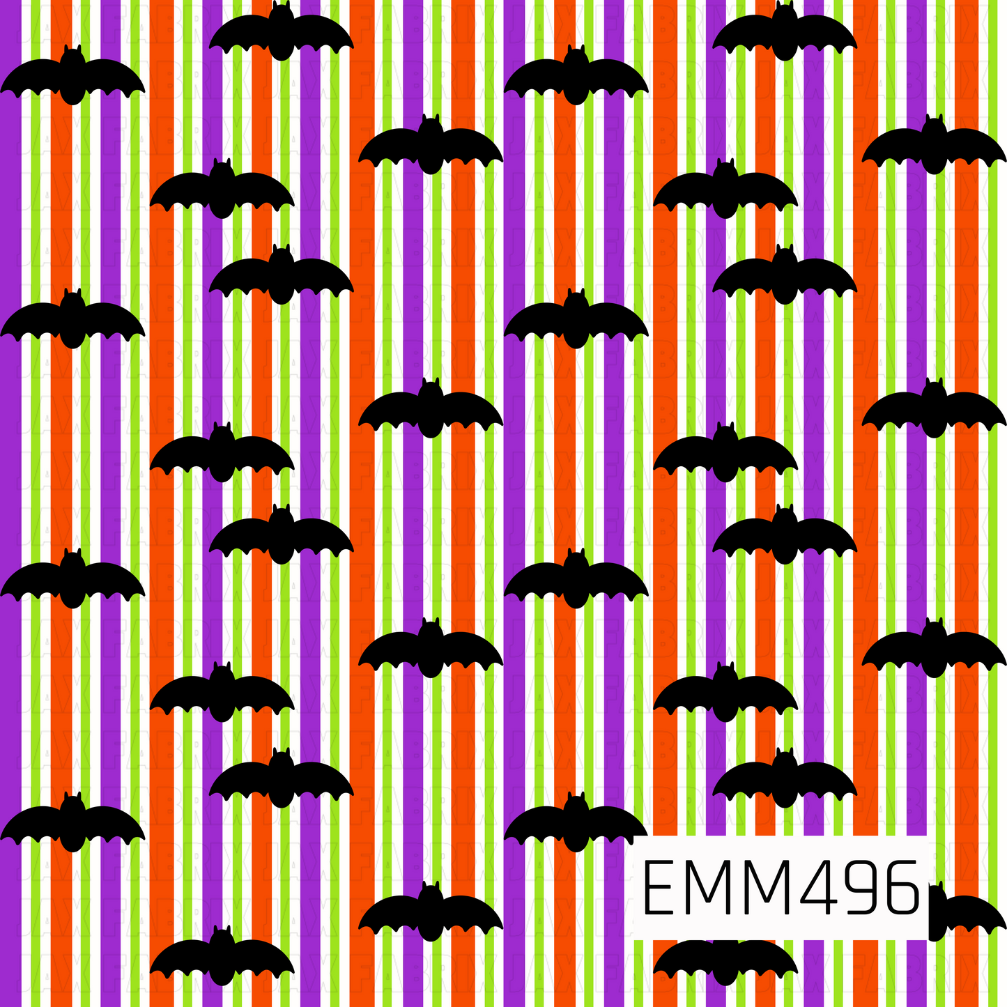 A bold Halloween bat print featuring black bat silhouettes scattered across vertical stripes in bright orange, purple, lime green, and white. The vibrant striped background gives the simple spooky bat design a playful, colorful Halloween feel.