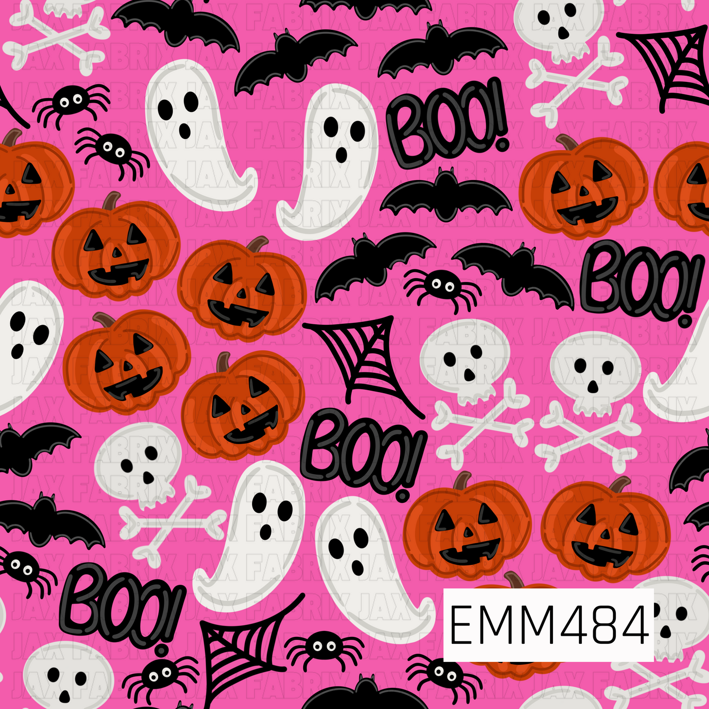 A bright and playful Halloween design featuring cheerful orange jack-o’-lanterns, floating white ghosts, skulls and crossbones, black bats, silly spiders, spiderwebs, and bold “BOO!” lettering. The vibrant hot pink background adds a fun, girly twist to the traditional Halloween palette, making the orange pumpkins and black-and-white spooky details stand out. Cute, colorful, and just the right amount of spooky, this print brings a lively pop of personality to Halloween creations.