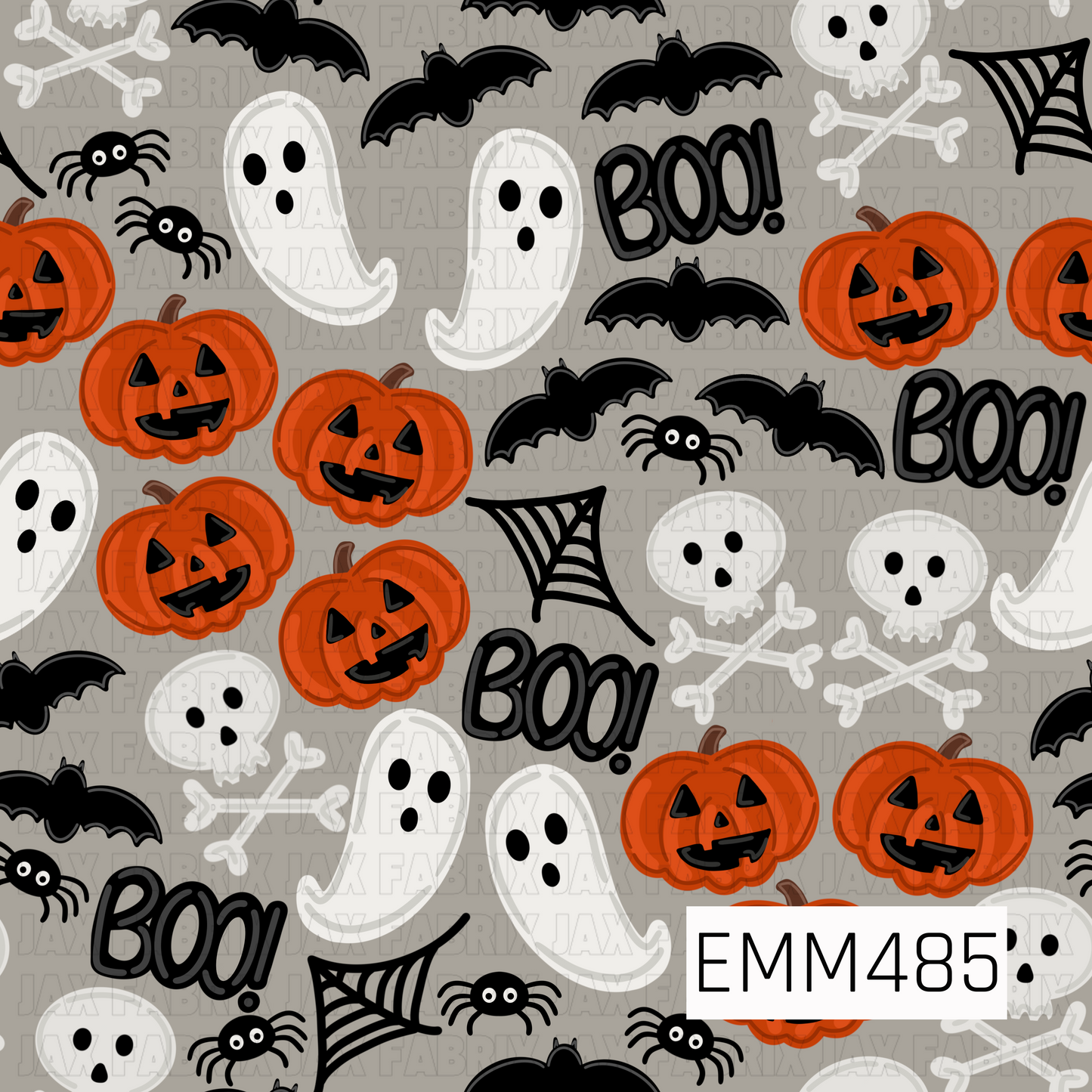 A charming Halloween design filled with smiling orange jack-o’-lanterns, floating white ghosts, skulls and crossbones, swooping black bats, playful spiders, spiderwebs, and bold “BOO!” lettering. The soft warm gray background gives the spooky elements a cozy neutral look while allowing the bright pumpkins and crisp black-and-white details to stand out. Whimsical and festive with a slightly vintage feel, this print is perfect for adding Halloween fun without an overly dark or scary look.