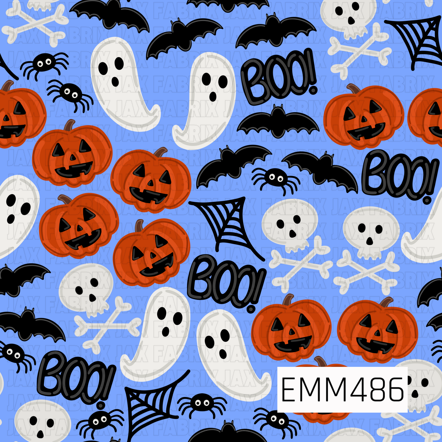 A lively Halloween design filled with smiling orange jack-o’-lanterns, floating white ghosts, skulls and crossbones, swooping black bats, playful spiders, spiderwebs, and bold “BOO!” lettering. The bright periwinkle blue background gives the traditional Halloween imagery a colorful, unexpected twist while making the orange pumpkins and black-and-white details pop. Fun, whimsical, and full of spooky-season charm, this print has a cheerful Halloween feel that’s perfect for playful seasonal creations.