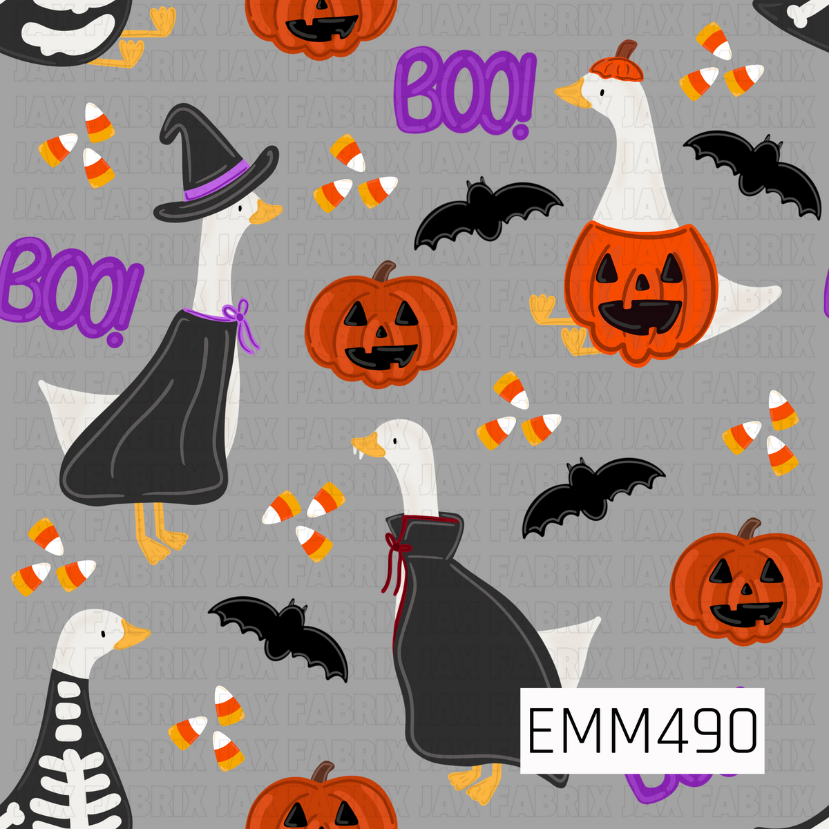 A playful Halloween goose print featuring costumed geese dressed as a witch, vampire, skeleton, and jack-o’-lantern. Orange pumpkins, flying black bats, scattered candy corn, and bold purple “BOO!” accents complete the spooky scene on a soft gray background.