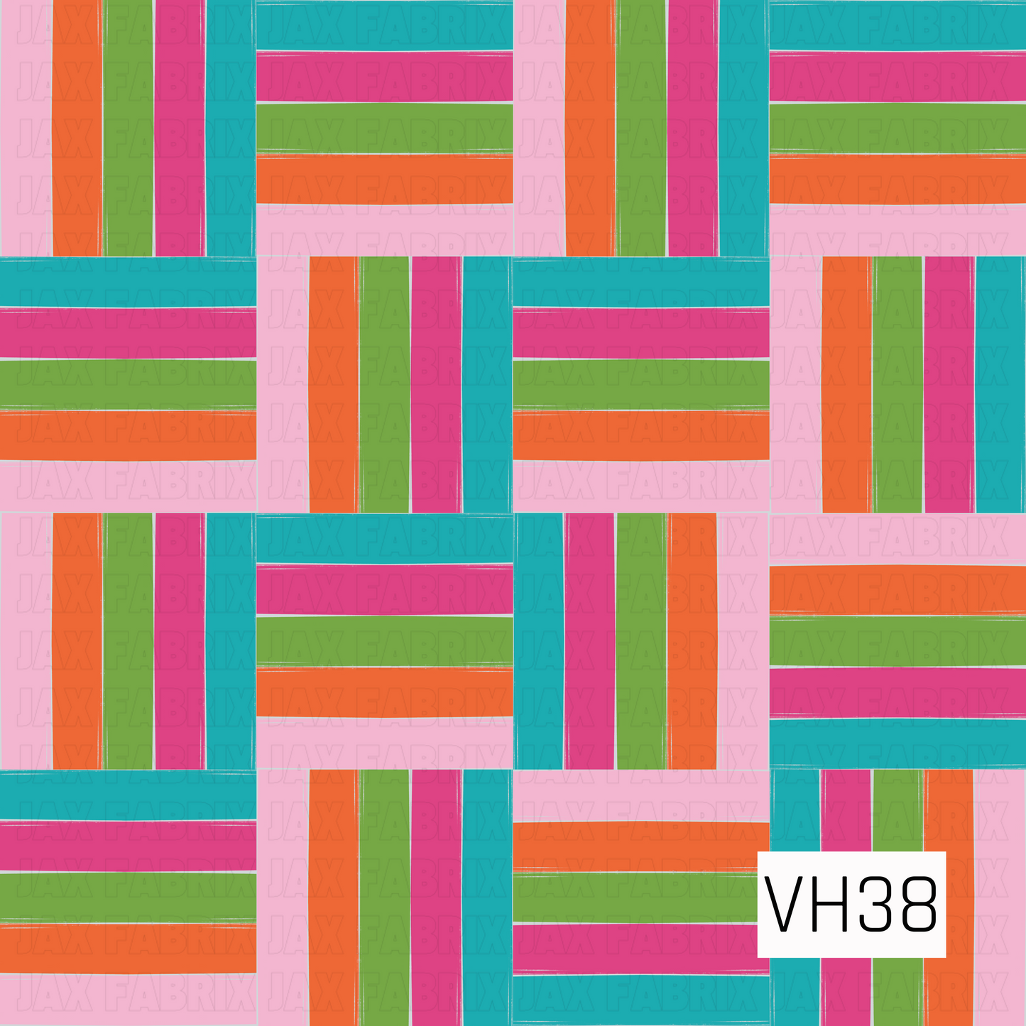 A bright holiday patchwork plaid featuring playful stripes in pink, teal, green, and orange.