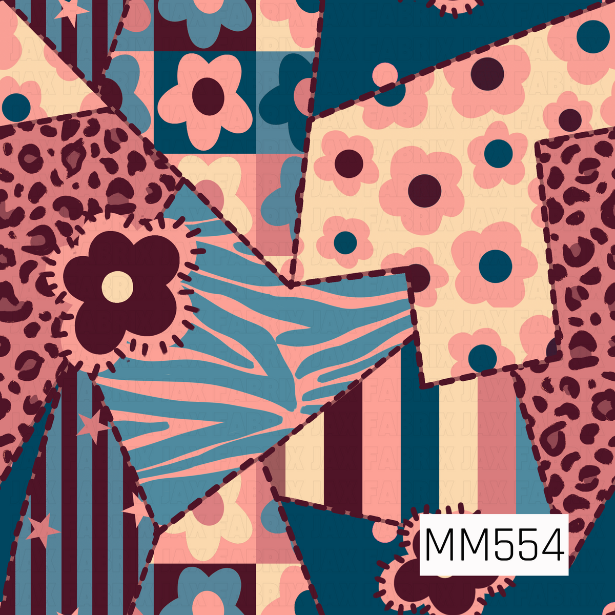 A bold retro-inspired patchwork pattern featuring an eclectic mix of oversized florals, leopard spots, wavy zebra stripes, vertical stripes, and scattered stars. Irregular geometric sections are outlined with deep burgundy dashed stitching, creating a playful quilted appearance. The design combines dusty teal blue, coral pink, rich burgundy, muted rose, and buttery cream for a colorful, funky vintage aesthetic.