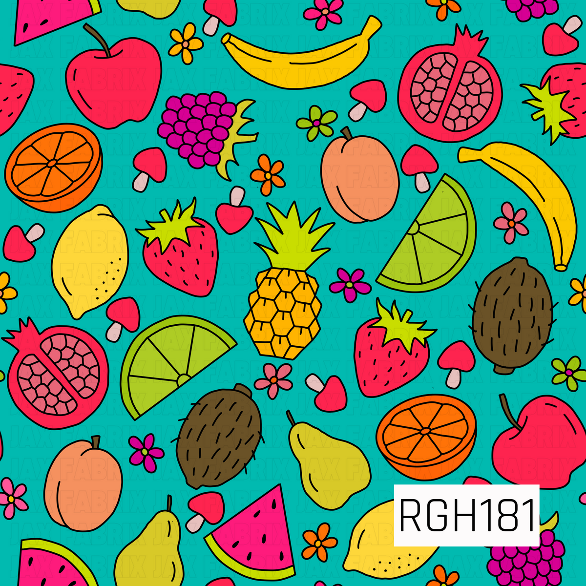 A bright and playful tropical fruit pattern featuring colorful strawberries, bananas, pineapples, watermelon slices, lemons, limes, oranges, apples, peaches, pears, coconuts, pomegranates, and clusters of purple grapes. Tiny pink mushrooms and cheerful flowers in orange, pink, and lime green are scattered throughout. Bold black outlines and vibrant shades of hot pink, yellow, orange, and green pop against the solid turquoise background, giving the design a fun, retro cartoon feel.