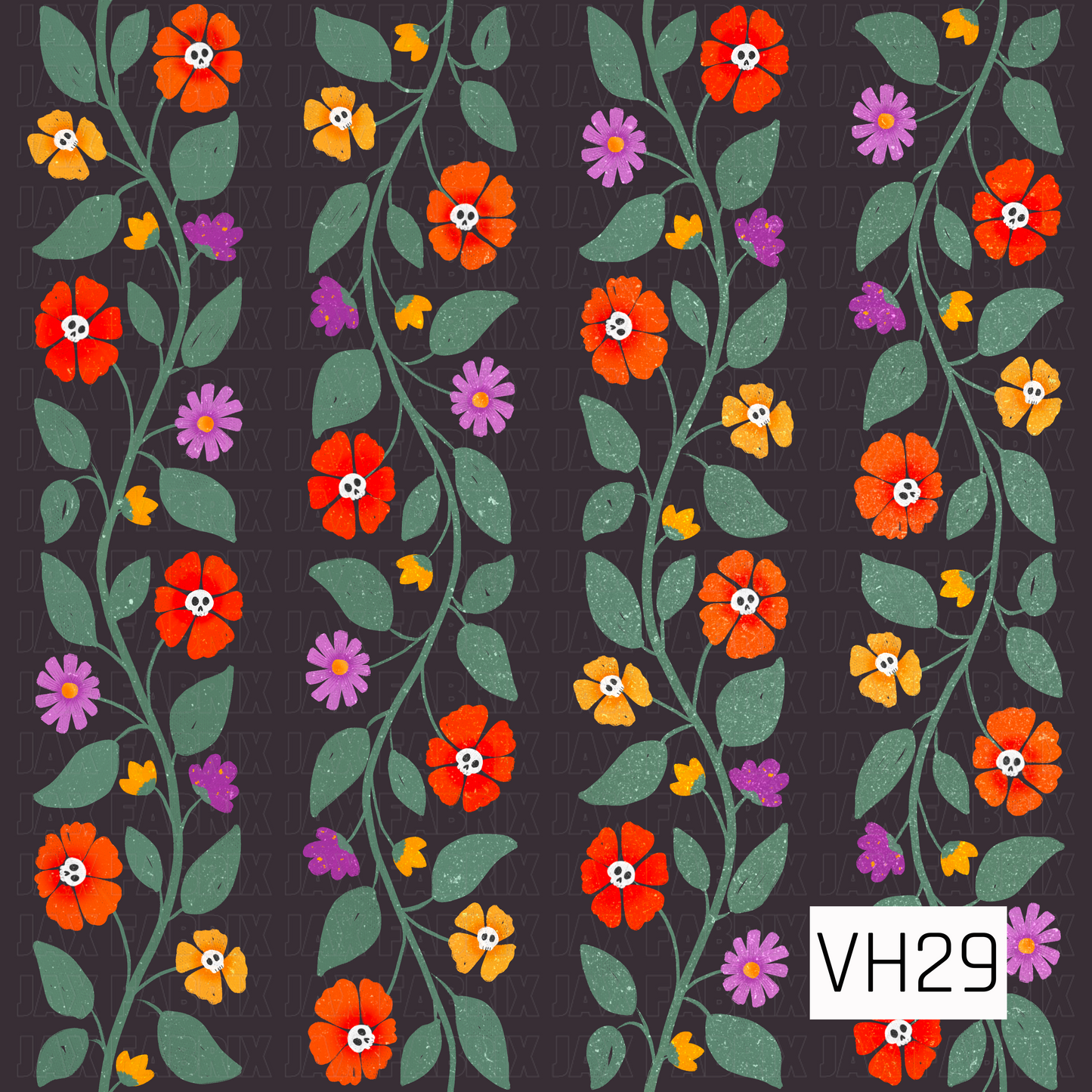 A whimsical Halloween floral pattern featuring vibrant orange, golden yellow, and purple blooms with tiny skull centers, winding sage green vines, and leafy stems on a deep charcoal background. The playful mix of spooky and botanical elements creates a fun, vintage-inspired design that perfectly blends fall florals with Halloween charm.