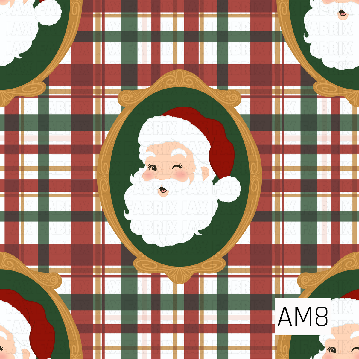 A festive Christmas pattern featuring cheerful Santa portraits framed in ornate vintage-inspired gold ovals. Each Santa is set against a deep green background, layered over a classic holiday plaid in red, green, white, and touches of gold for a cozy traditional Christmas look.