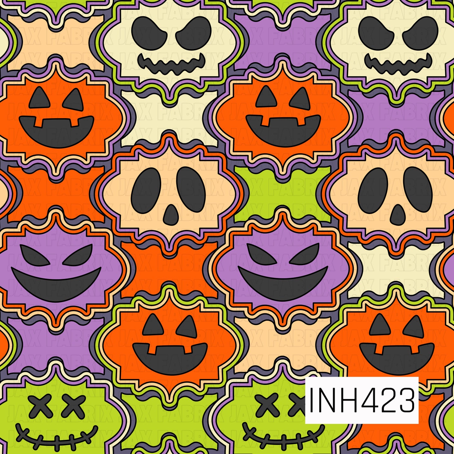 A playful vintage Halloween patchwork featuring grinning jack-o’-lanterns, spooky skulls, mischievous faces, and stitched monster expressions. Bold orange, purple, lime green, cream, and black shapes are framed with layered scalloped outlines for a fun retro look.