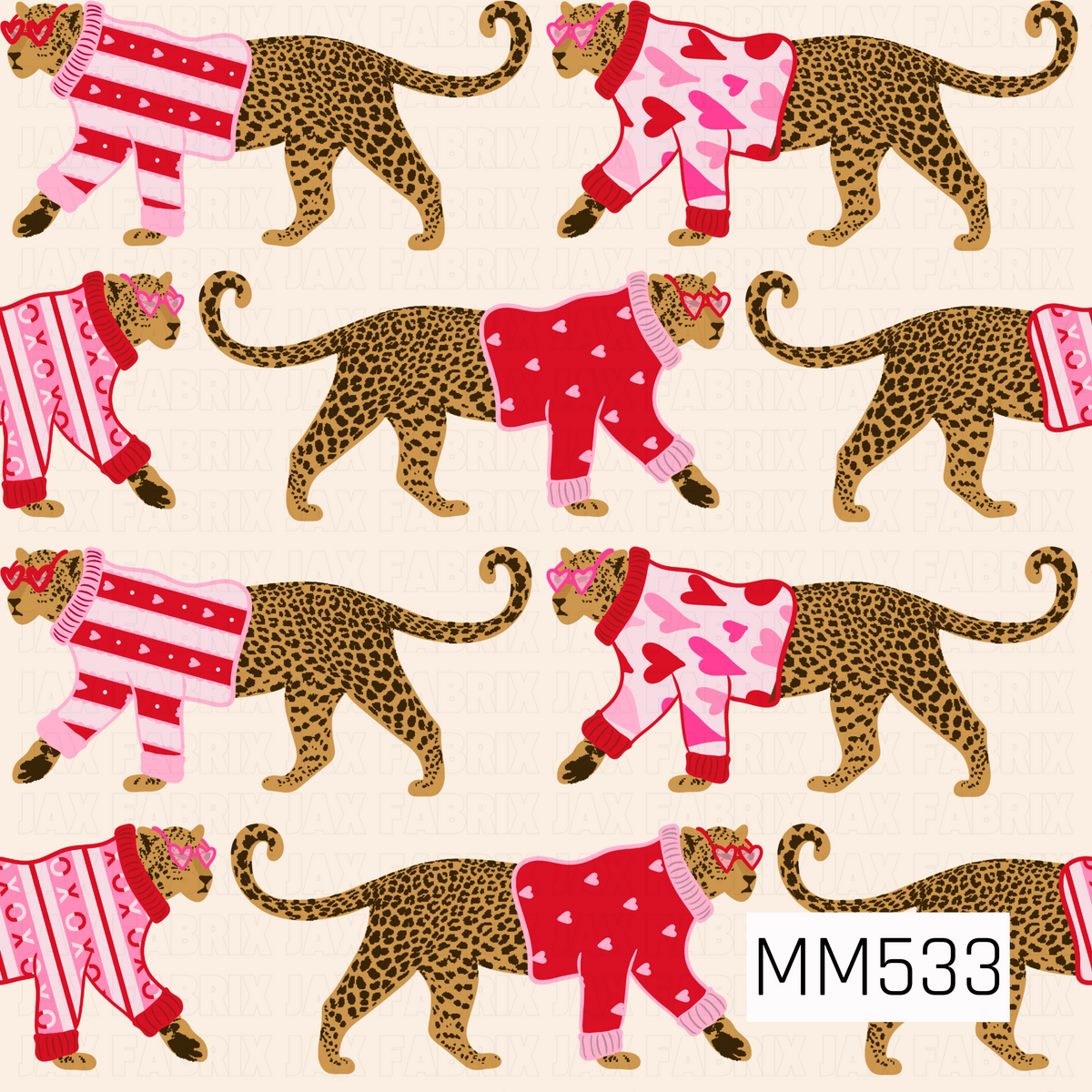 A playful Valentine's Day pattern featuring golden brown leopards with bold black spots, curled tails, and adorable pink and red heart-shaped sunglasses. Each leopard wears a cozy sweater decorated with colorful hearts, stripes, or XOXO lettering in shades of pink, red, and white. The leopards are arranged in alternating rows against a soft cream background, creating a fun and preppy Valentine's design.