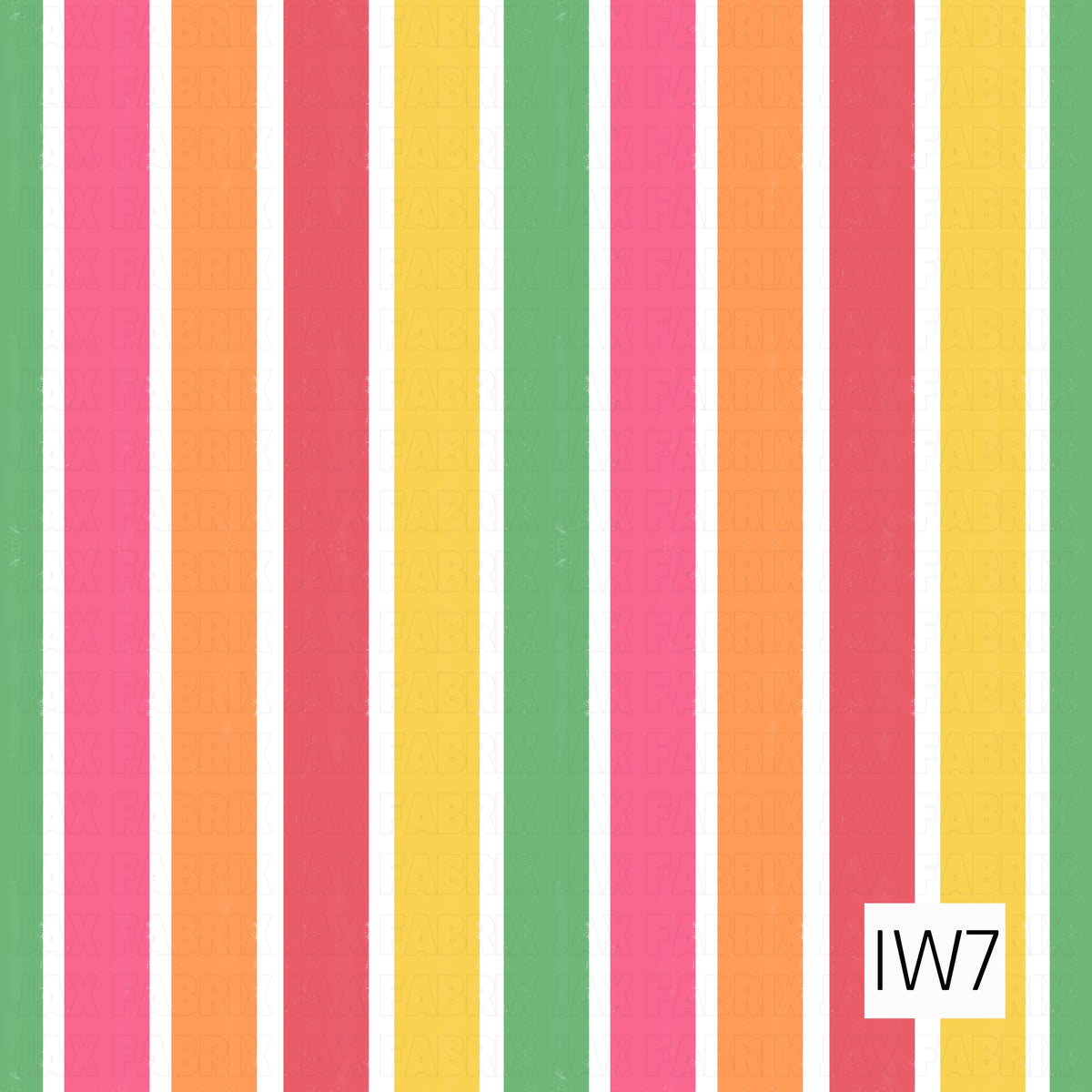 A bright and playful vertical stripe pattern featuring bold bands of hot pink, orange, coral red, sunny yellow, and fresh green, separated by crisp white stripes. A subtle distressed texture adds a fun, vintage-inspired touch to this colorful design.