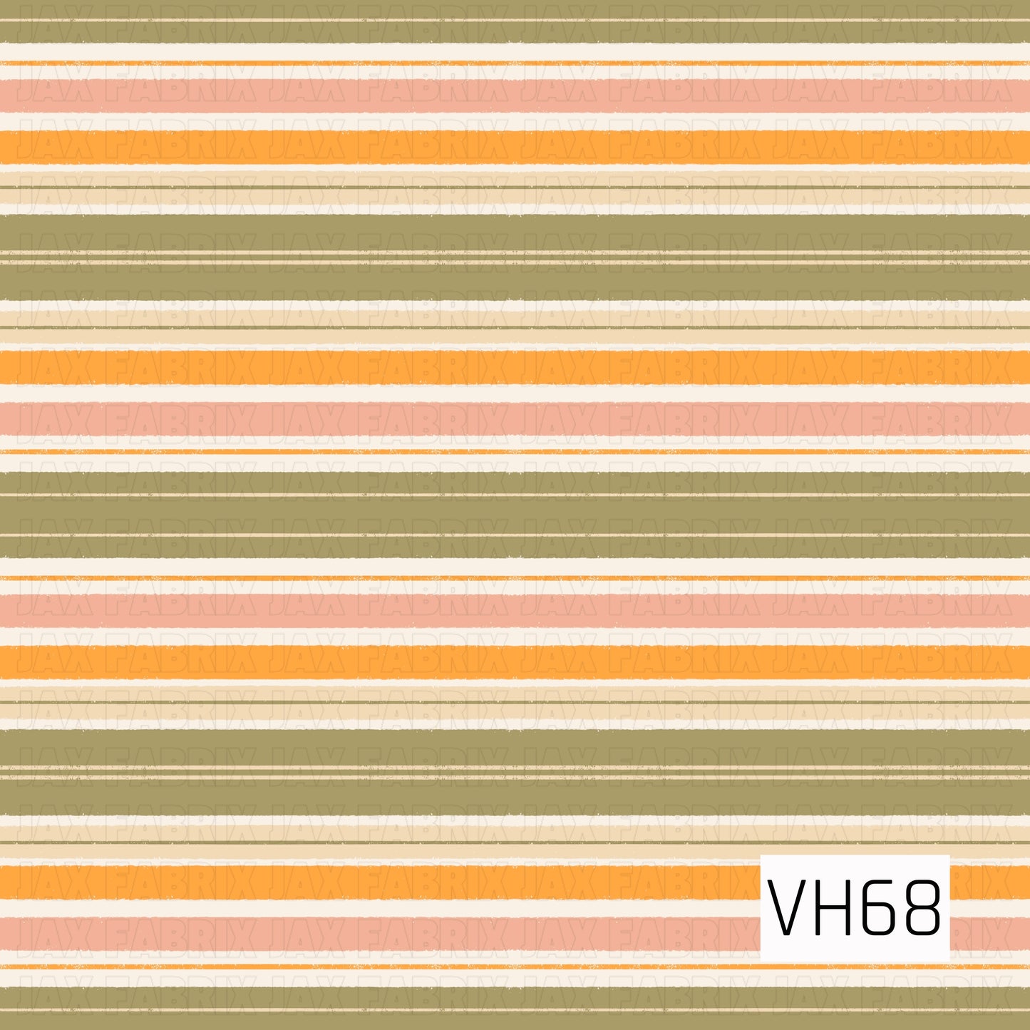 A retro-inspired stripe print with olive green, peach, orange, cream, and white horizontal bands in a soft, slightly distressed hand-drawn style.
