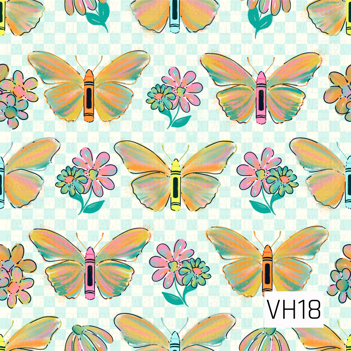 A whimsical pattern of pastel butterflies with crayon-inspired bodies fluttering among hand-sketched florals on a soft aqua and cream mini checkerboard background. The playful artwork and dreamy blend of pink, peach, yellow, and aqua create a cheerful, vintage-inspired design full of charm.