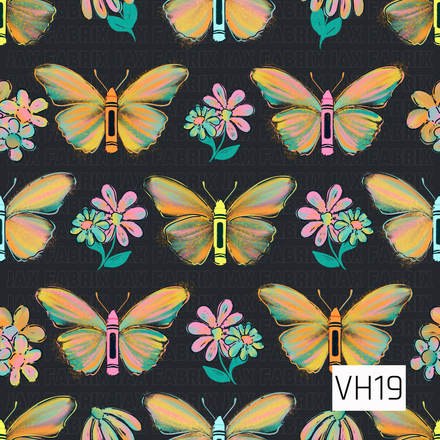 A vibrant pattern of iridescent pastel butterflies with crayon-inspired bodies fluttering among hand-sketched florals on a bold black background. The glowing blend of pink, peach, yellow, aqua, and teal creates a playful, eye-catching design with a fun retro feel.