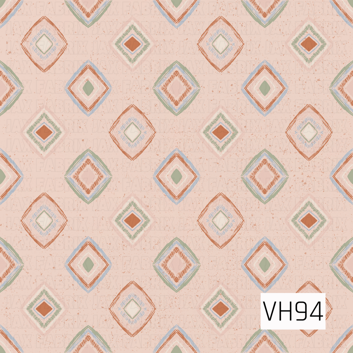 A hand-drawn geometric pattern featuring layered diamond shapes scattered across a soft blush pink background. The diamonds combine warm rust, sage green, pale blue, cream, and dusty pink with sketchy textured lines and subtle speckled details, giving the design a soft vintage, boho-inspired feel.