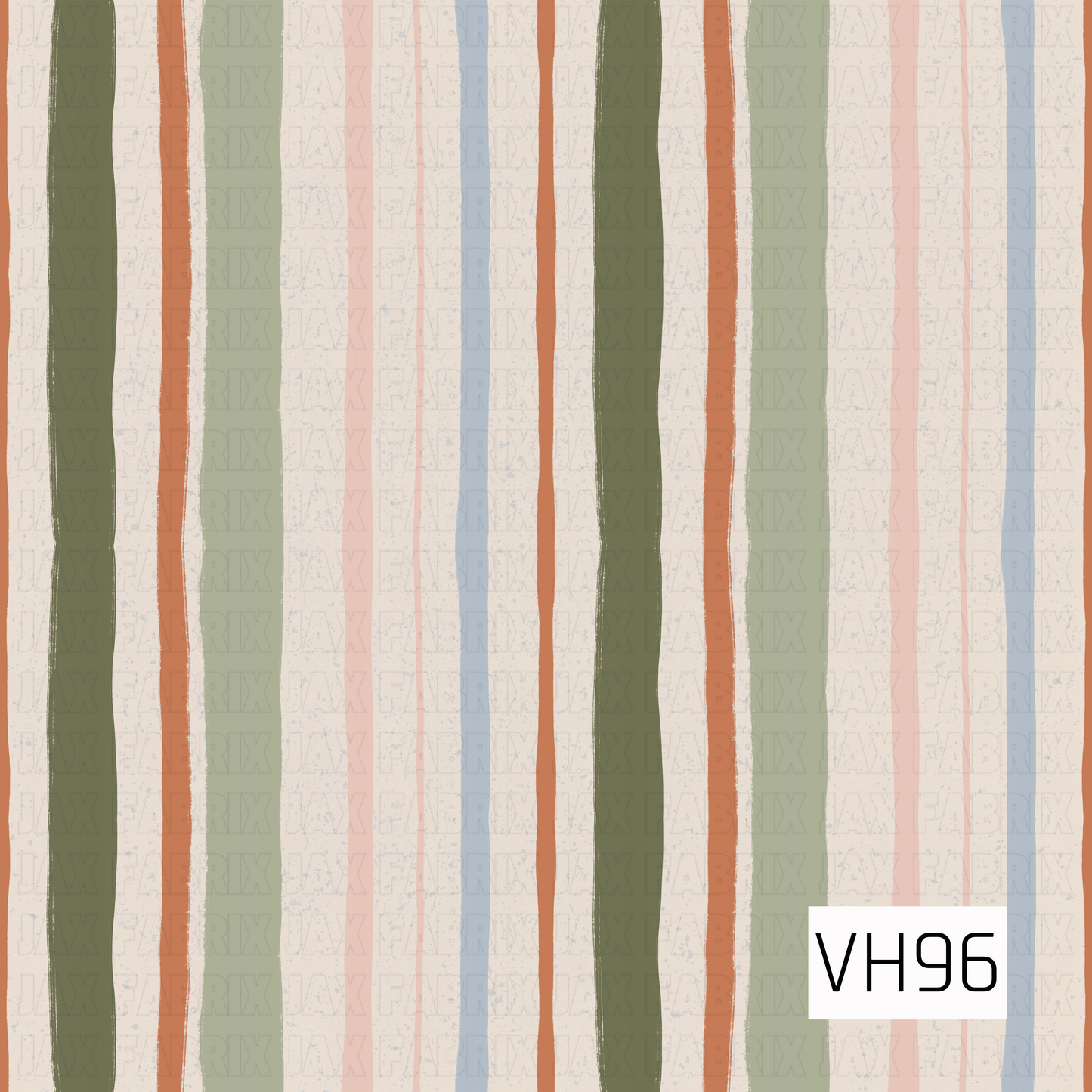 A hand-painted vertical stripe pattern featuring earthy olive green, rust orange, dusty pink, soft blue, and cream tones. The varying stripe widths and slightly imperfect edges give the design a relaxed, organic feel, while subtle distressed speckling adds a soft vintage texture.