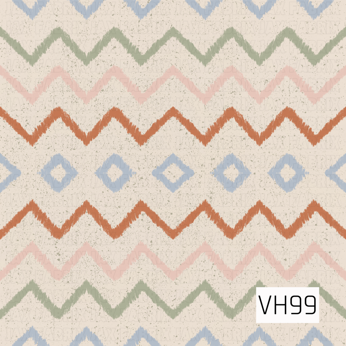 A hand-drawn geometric pattern featuring rows of soft zigzag stripes and diamond accents on a warm cream background. Dusty blue, sage green, blush pink, and burnt orange create an earthy retro palette, while the distressed speckled texture gives the design a rustic, vintage-inspired finish.