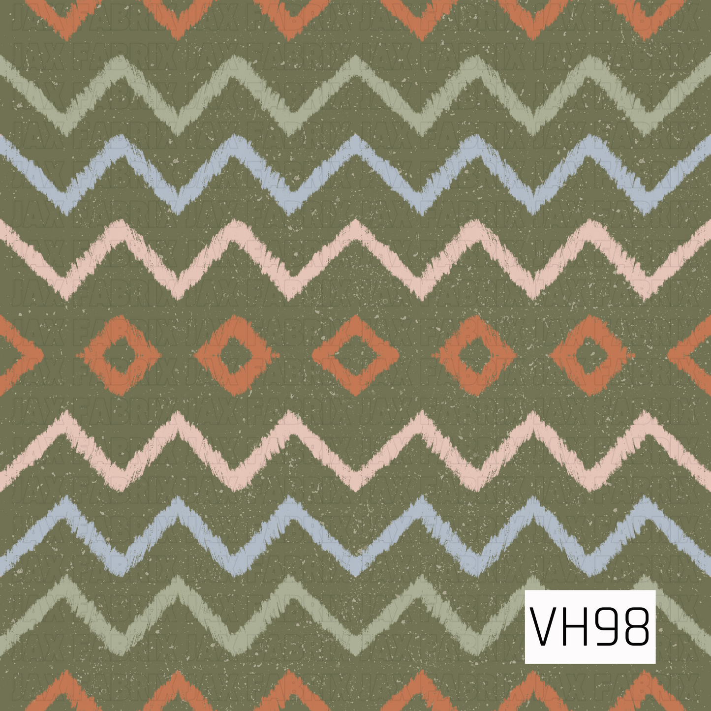 A rustic geometric pattern featuring hand-drawn zigzag stripes and diamond accents across a muted olive green background. Soft pink, dusty blue, sage, and warm rust tones create an earthy, vintage-inspired palette, while the distressed speckled texture adds a worn, handcrafted feel.