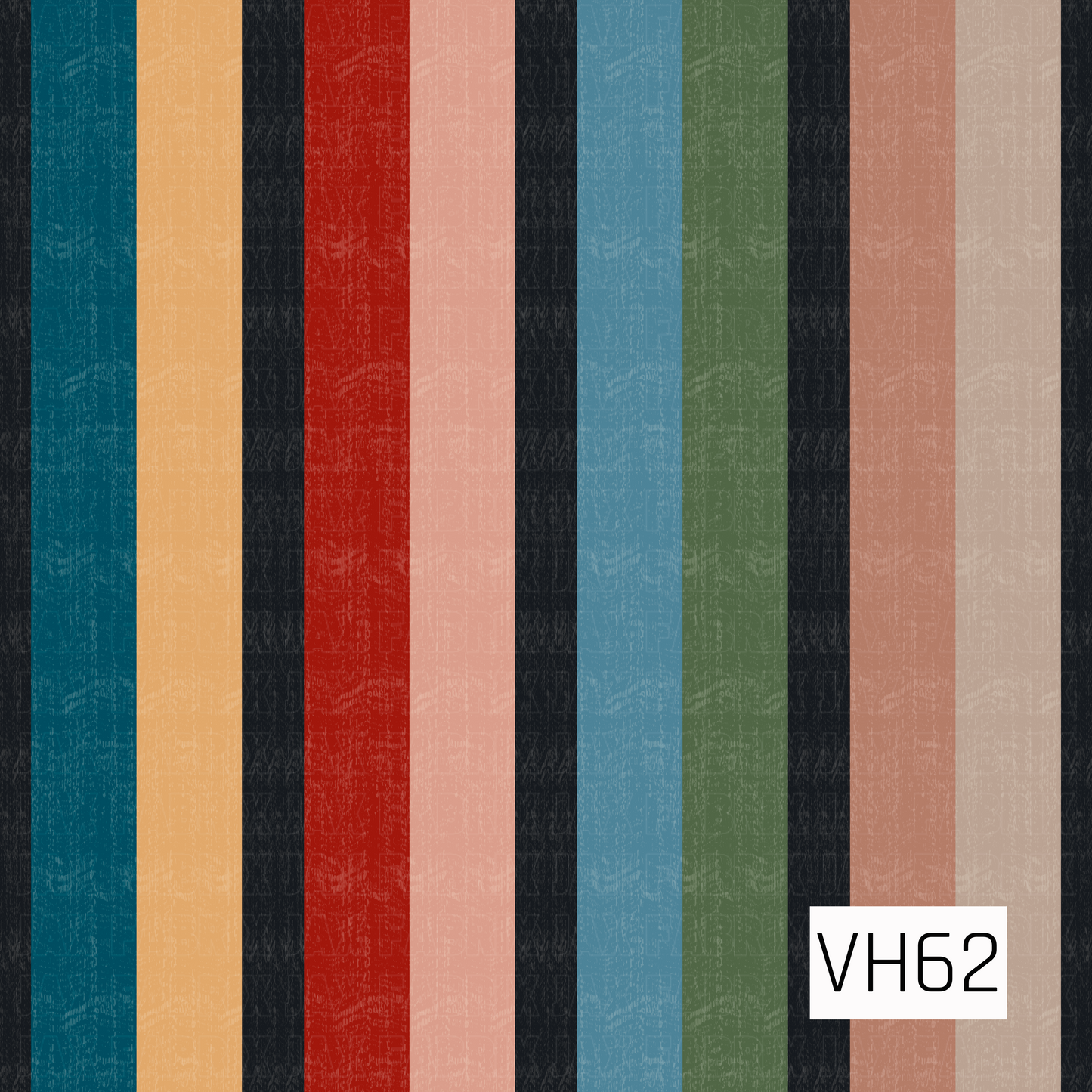 A bold vintage-inspired stripe featuring wide vertical bands in deep teal, golden mustard, vibrant red, blush pink, dusty blue, forest green, warm terracotta, and soft cream. Dark charcoal stripes add dramatic contrast, while a subtle distressed texture gives the design a worn, retro hand-printed feel.