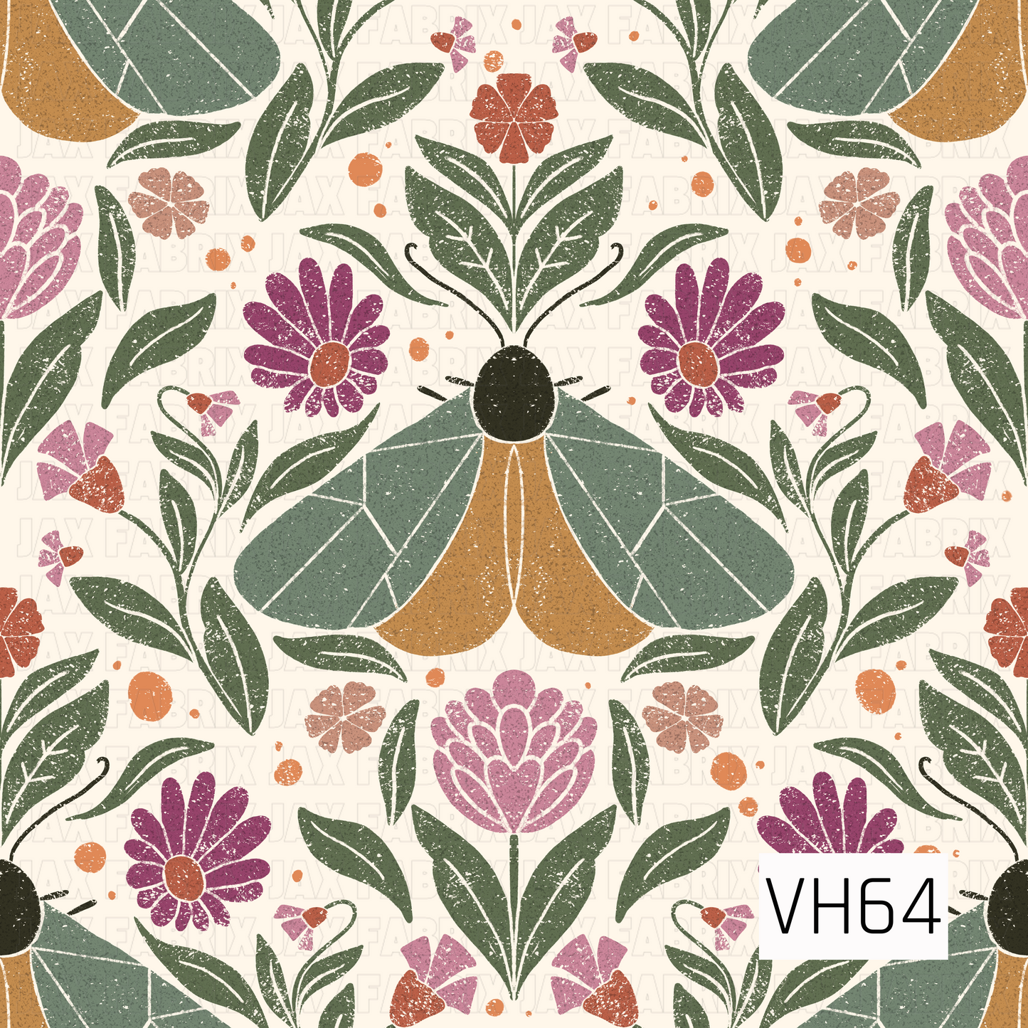 A whimsical folk-inspired moth print featuring large stylized moths surrounded by blooming florals, leafy stems, and tiny botanical accents. Muted sage and forest greens pair with mustard gold, plum, dusty pink, terracotta, and soft orange against a creamy ivory background. A distressed, speckled texture gives the design a charming vintage, hand-printed feel.