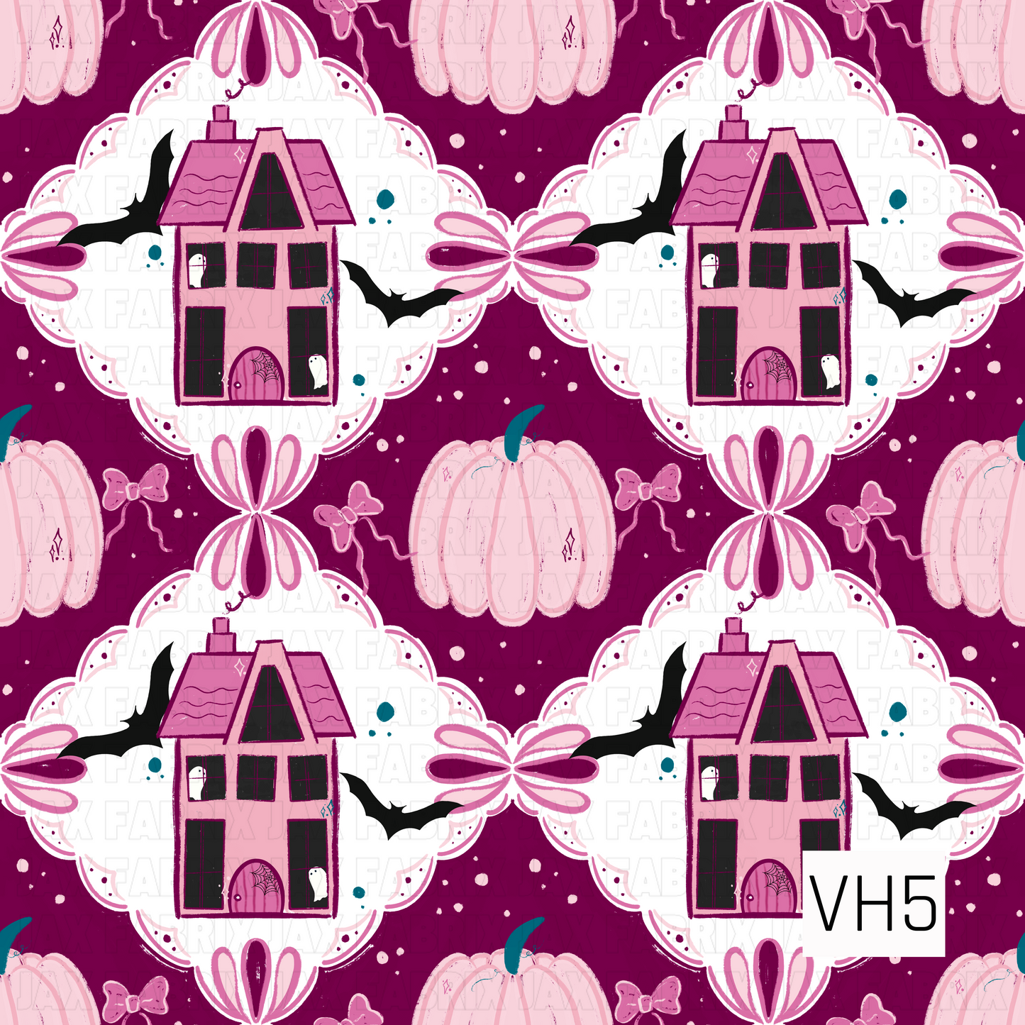 A whimsical Halloween pattern featuring charming pink haunted houses framed by ornate scalloped medallions on a rich burgundy background. Soft pink pumpkins, playful bats, dainty bows, and tiny ghost details create a sweet, vintage-inspired design with a fun and spooky twist.