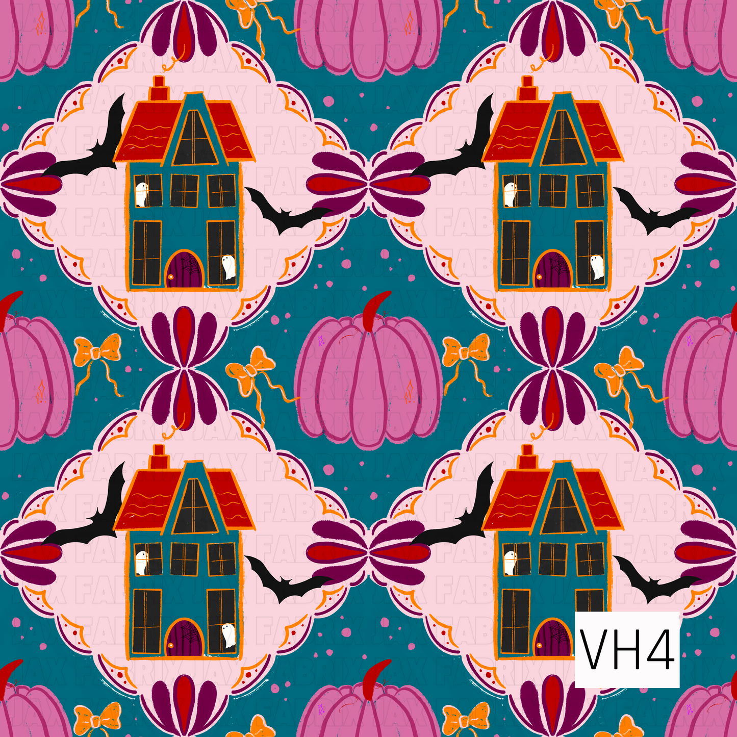 A whimsical Halloween pattern featuring colorful haunted houses framed by ornate scalloped medallions on a rich teal background. Pink pumpkins, playful bats, ghostly windows, and dainty bows create a charming, vintage-inspired design full of spooky-cute personality.