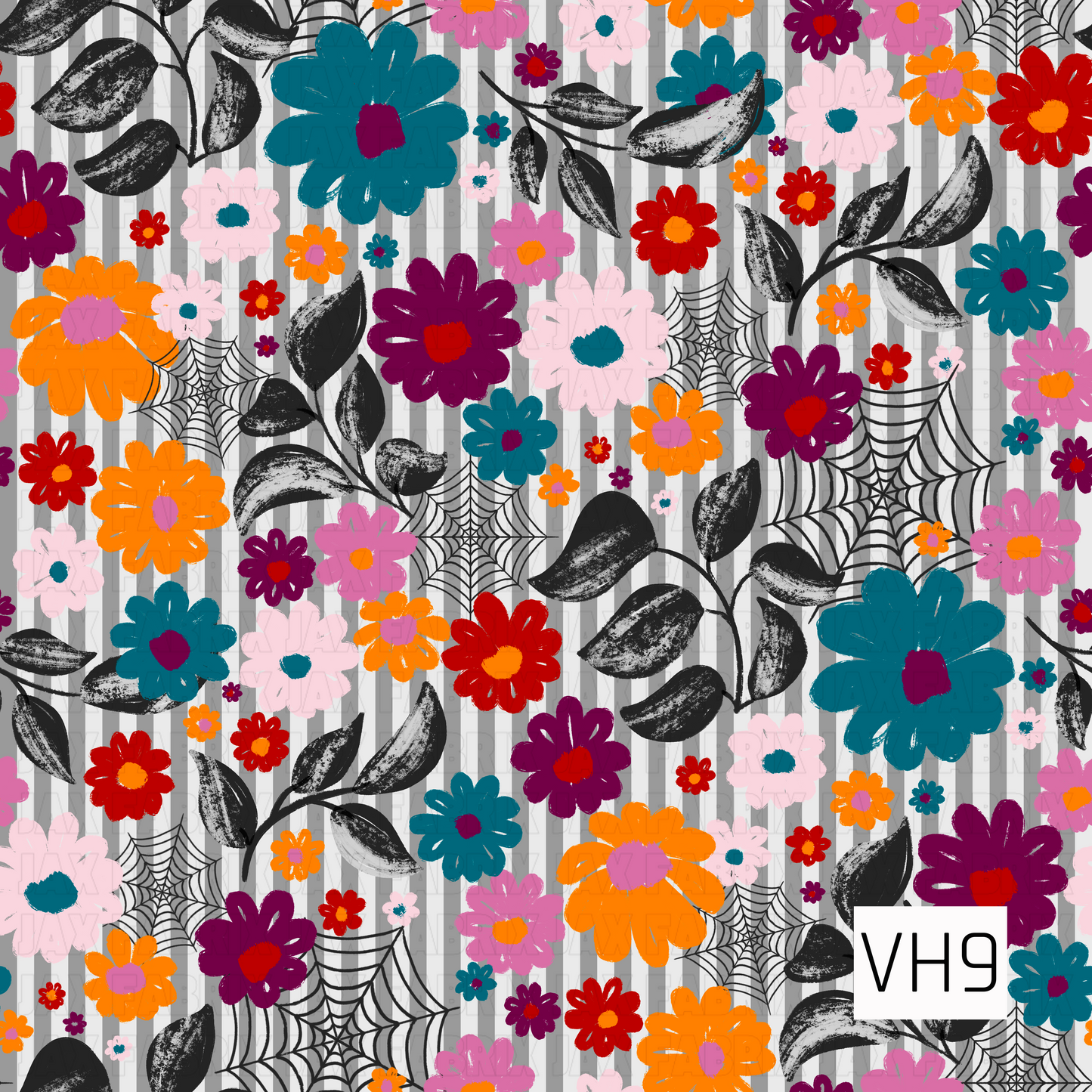 A playful Halloween floral pattern featuring vibrant blooms in teal, pink, orange, purple, and red layered over subtle gray stripes. Black leafy vines and delicate spider webs add a spooky touch, creating a bold, vintage-inspired design that blends florals with Halloween charm.