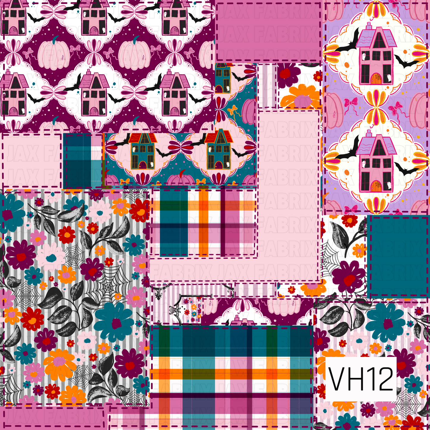 A charming Halloween patchwork design featuring whimsical haunted houses, colorful Halloween florals, bold plaid, pumpkins, and coordinating prints stitched together with faux patchwork details. Rich shades of pink, teal, purple, orange, and black create a playful vintage-inspired collection full of spooky yet sweet Halloween charm.