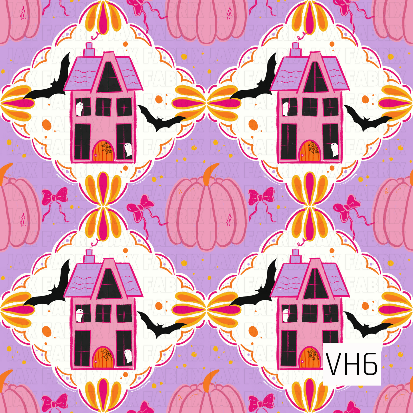 A whimsical Halloween pattern featuring bright pink haunted houses framed by ornate scalloped medallions on a soft lavender background. Pink pumpkins, playful bats, cheerful bows, and vibrant orange accents create a fun, colorful design with a sweet vintage Halloween feel.