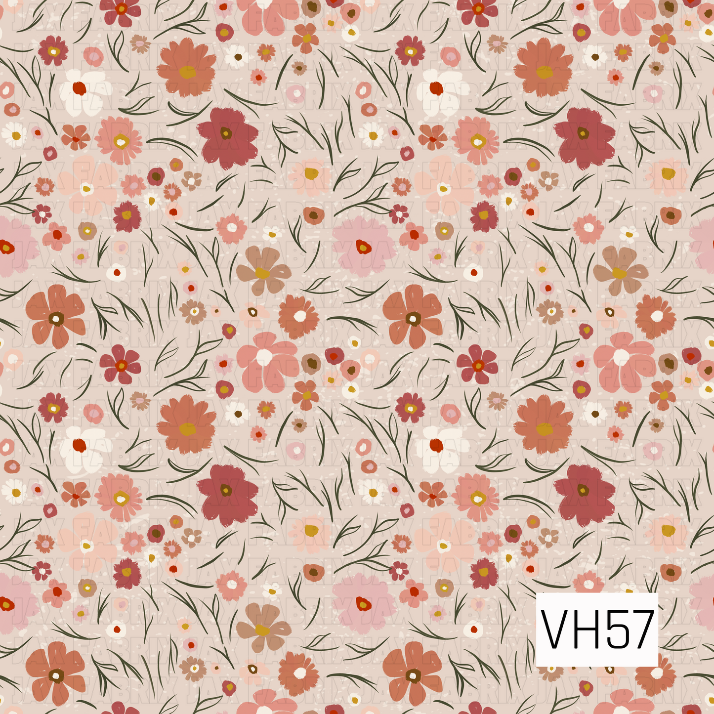 A charming vintage-inspired floral filled with scattered hand-drawn blooms in dusty rose, coral, blush pink, terracotta, cream, and warm mustard. Delicate olive-green stems and wispy leaves weave between the flowers, while subtle distressed speckles add texture to the soft neutral background. The mix of tiny blossoms and oversized blooms creates a whimsical, nostalgic meadow feel.