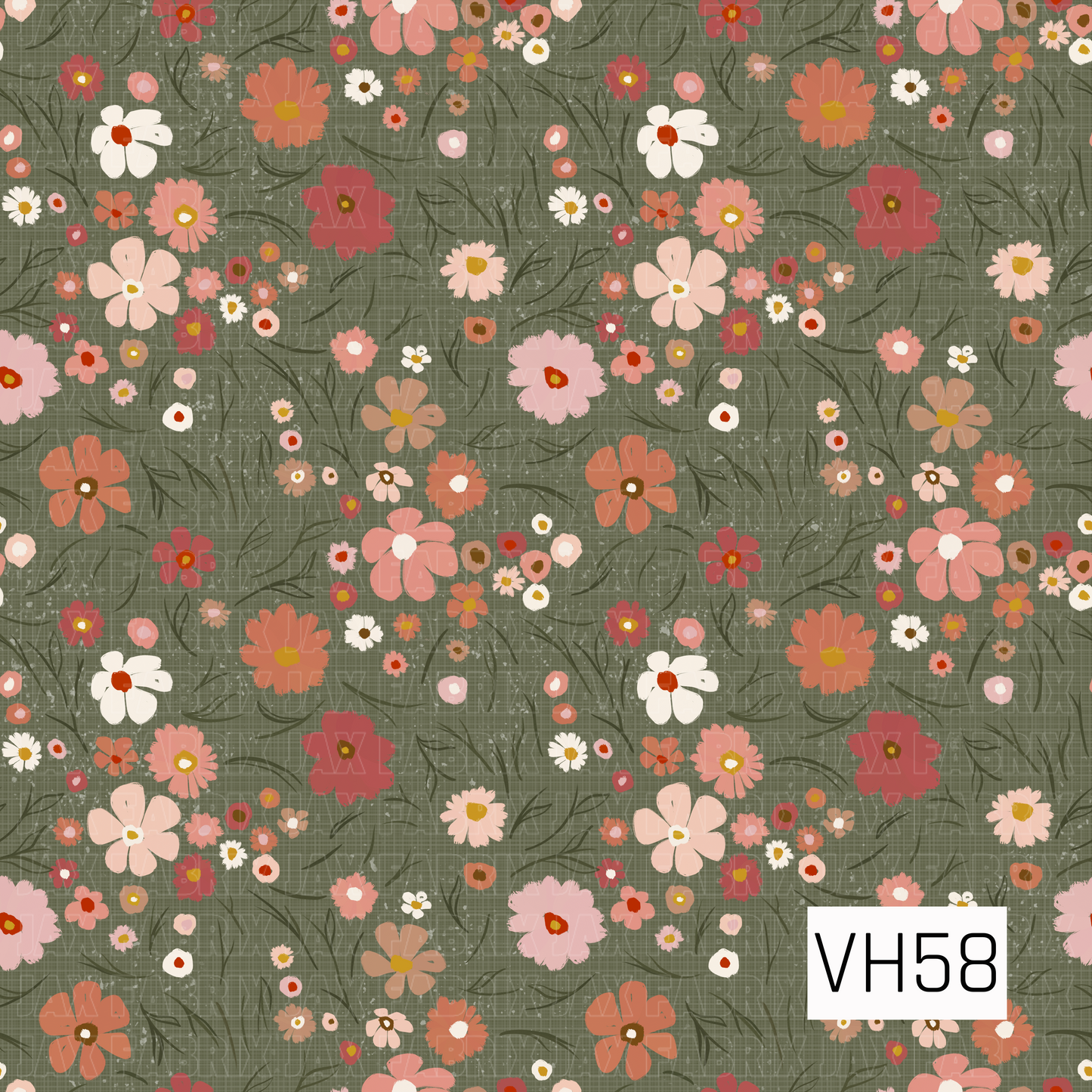 A charming vintage floral scattered across a muted olive-green background, featuring hand-drawn blooms in coral, dusty rose, blush pink, cream, terracotta, and warm mustard. Delicate dark green stems and wispy foliage weave between the flowers, while a subtle linen-like texture and distressed speckles give the design a cozy, timeworn finish.