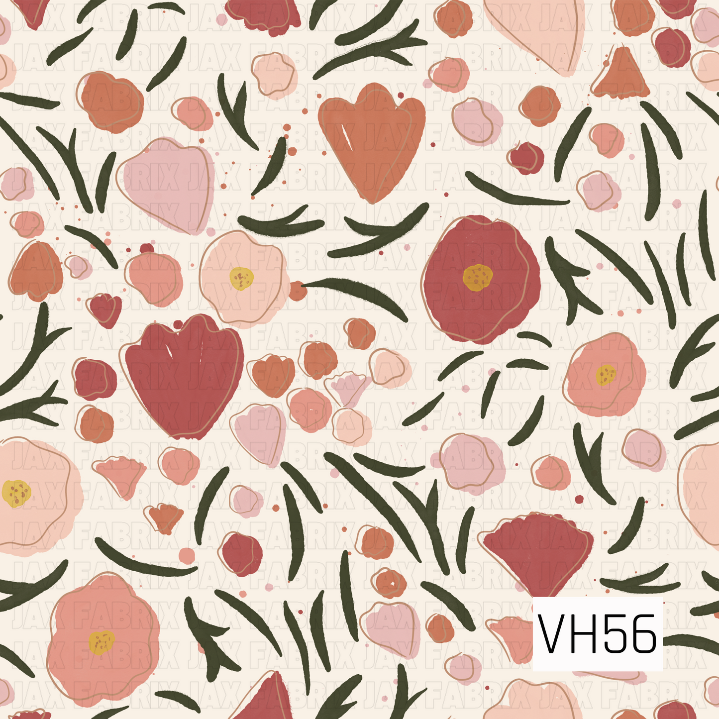 A whimsical hand-painted floral featuring loose, organic blooms in coral, dusty rose, blush pink, peach, and warm terracotta. Deep olive-green brushstroke foliage winds throughout the design, while scattered petals, tiny buds, and paint-like speckles add movement and texture against a creamy ivory background. The imperfect shapes and watercolor-inspired details give it a warm, artistic boho feel.