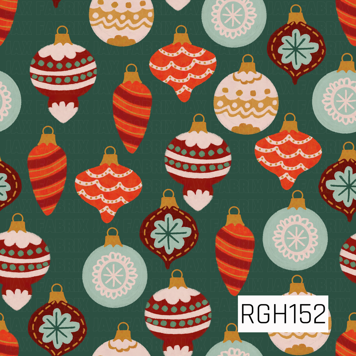 A vintage-inspired Christmas pattern featuring an assortment of colorful ornaments in rich reds, coral, mint, cream, and golden mustard. Each ornament has its own playful retro detailing, all scattered across a deep evergreen background for a cozy nostalgic holiday feel.