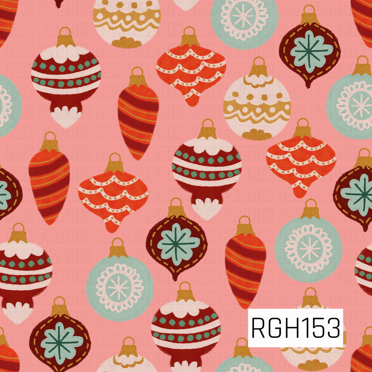 A playful retro Christmas pattern featuring vintage-inspired ornaments in deep red, bright coral, mint, cream, and golden mustard. The mix of stripes, scallops, dots, and floral details pops against a warm pink background for a fun, colorful holiday look.