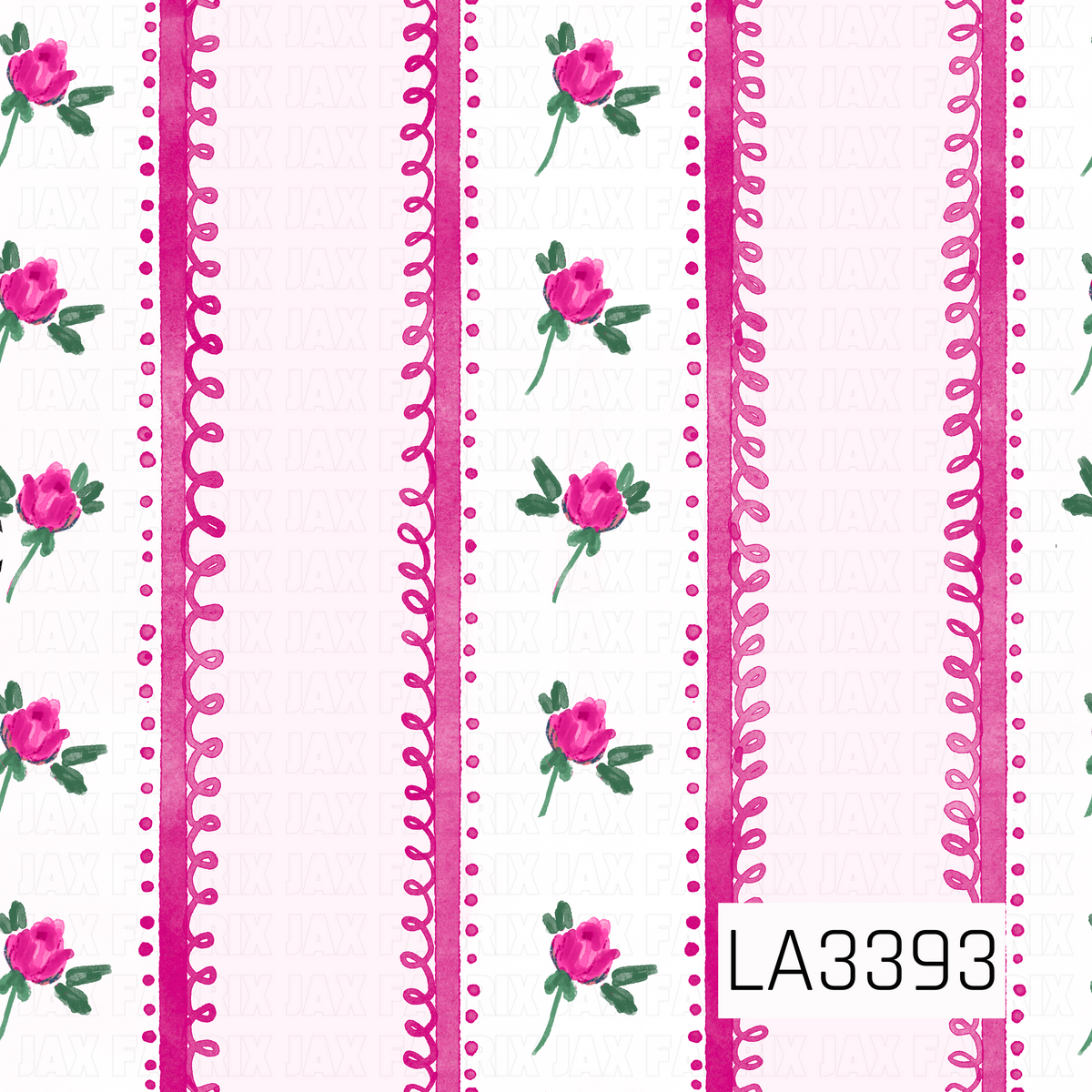 A sweet vintage-inspired floral stripe featuring delicate watercolor rosebuds in vibrant shades of pink, accented with soft green leaves and slender stems. Vertical hot pink ribbon stripes with whimsical looping details and dainty dotted borders alternate with soft blush pink and white sections. The hand-painted textures and feminine color palette give this charming design a romantic, cottage-inspired feel.