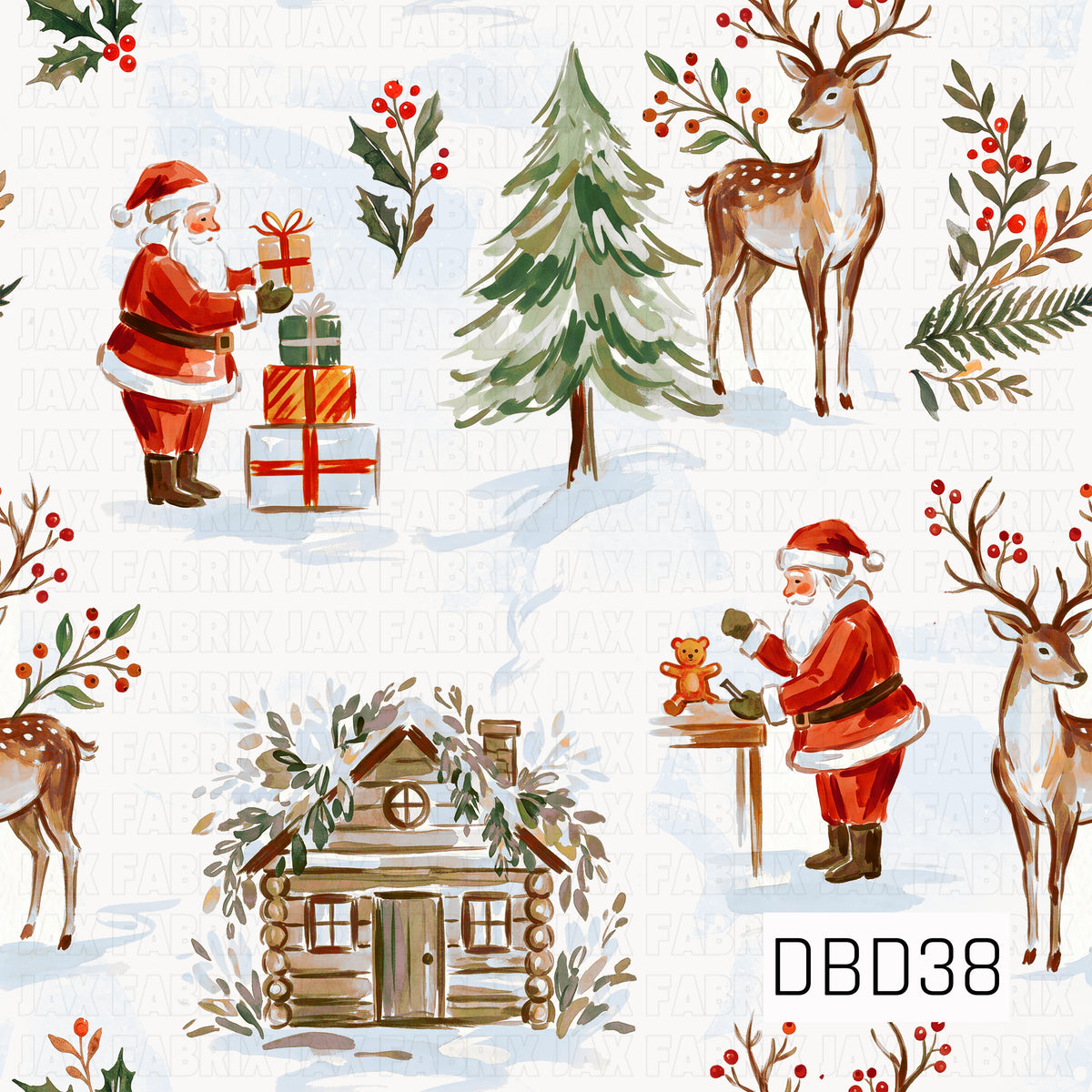 A charming watercolor Christmas pattern featuring Santa Claus stacking colorful wrapped presents and preparing toys, alongside majestic woodland reindeer, snow-covered evergreen trees, and a cozy rustic log cabin. Sprigs of holly, festive red berries, and lush greenery are scattered throughout, while soft blue snowy accents create a peaceful winter setting. Traditional Christmas reds, forest greens, and warm earthy browns give this design a whimsical, rustic woodland holiday feel.