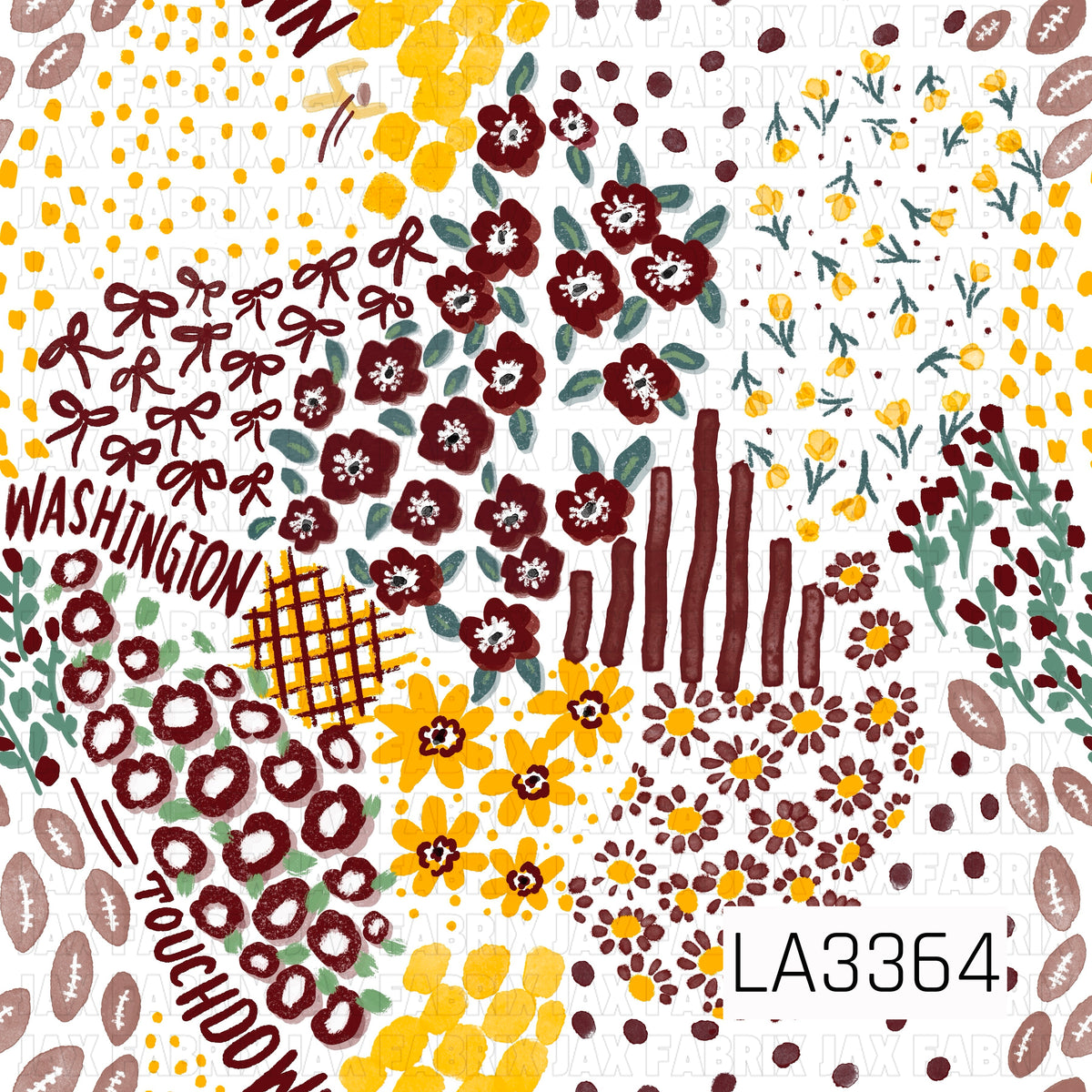 A hand-drawn Washington-inspired print featuring deep burgundy and golden yellow florals, scattered bows, footballs, abstract brushstrokes, and leafy accents. “Washington” and “Touchdown” lettering are mixed throughout, with rich team-inspired colors and a playful, artsy feel.