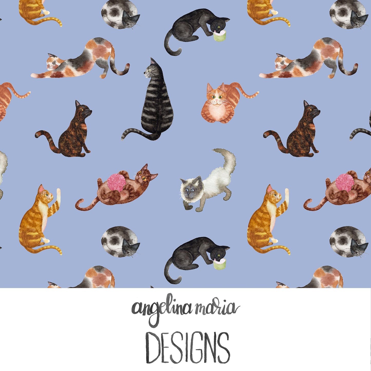 Whiskers And Bloom Watercolor Cats Blue SAMD357