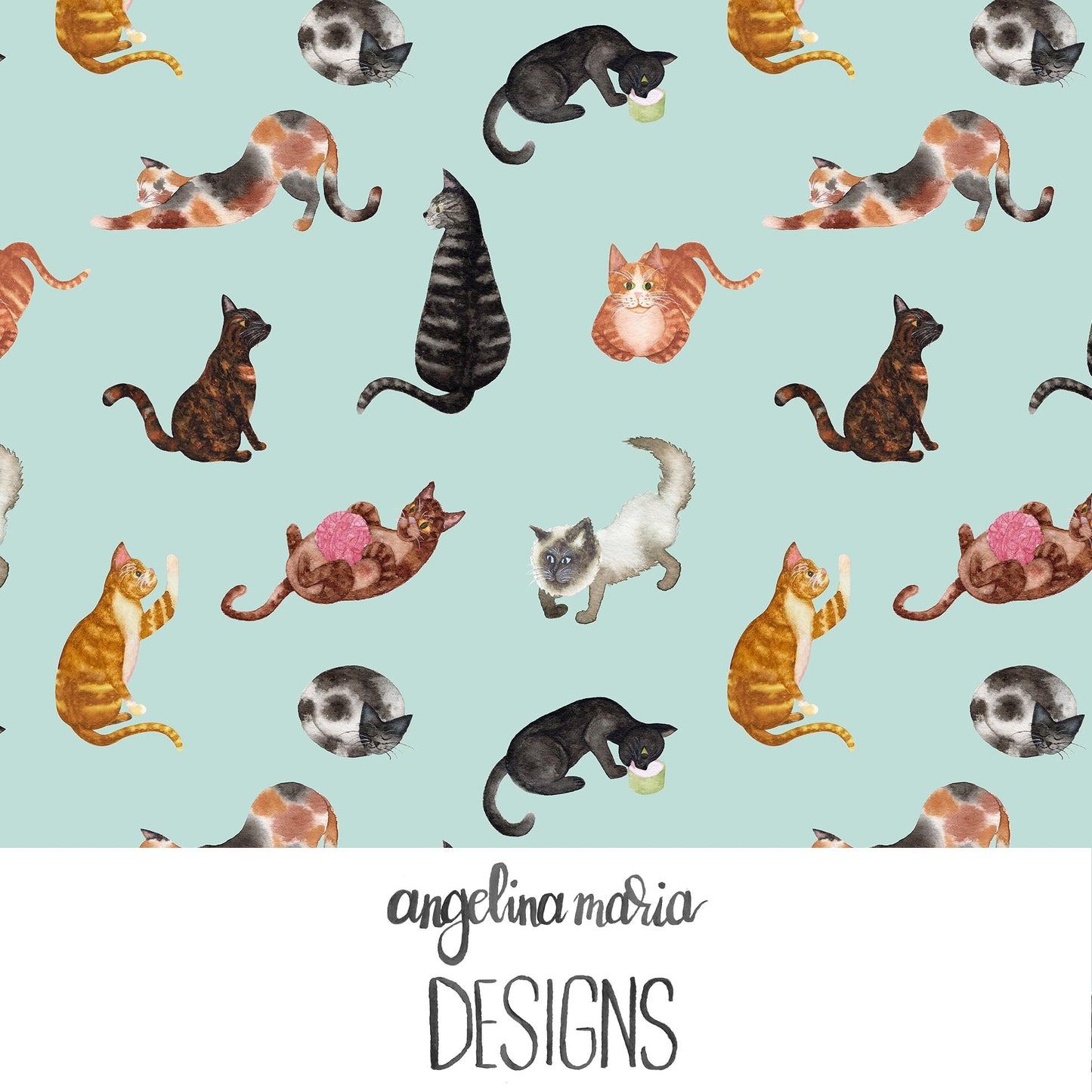 Whiskers And Bloom Watercolor Cats Sweet Mint SAMD355