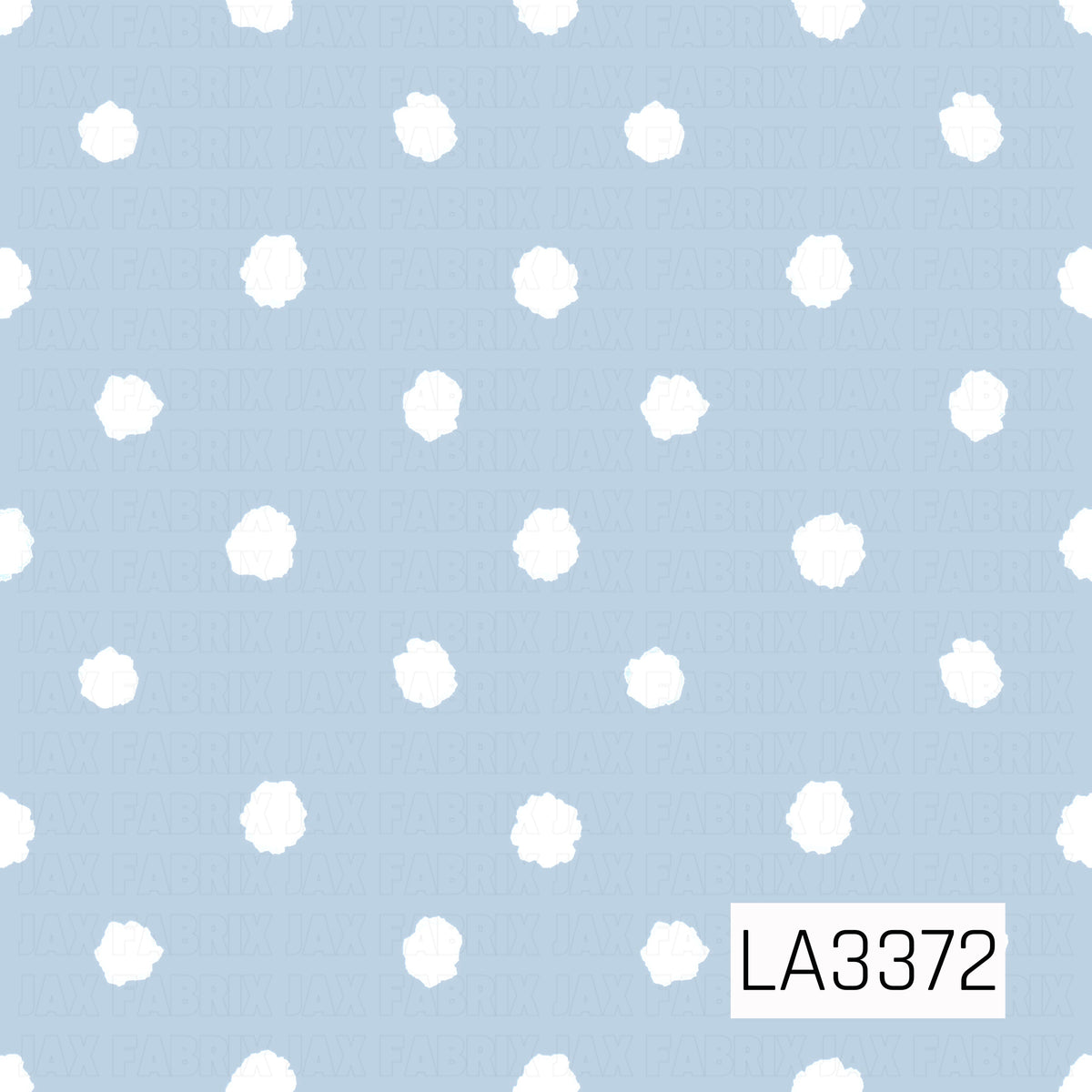 A sweet watercolor polka dot pattern featuring softly textured white dots scattered in staggered rows across a delicate powder blue background. The slightly uneven, hand-painted edges give this classic design a playful, charming feel.